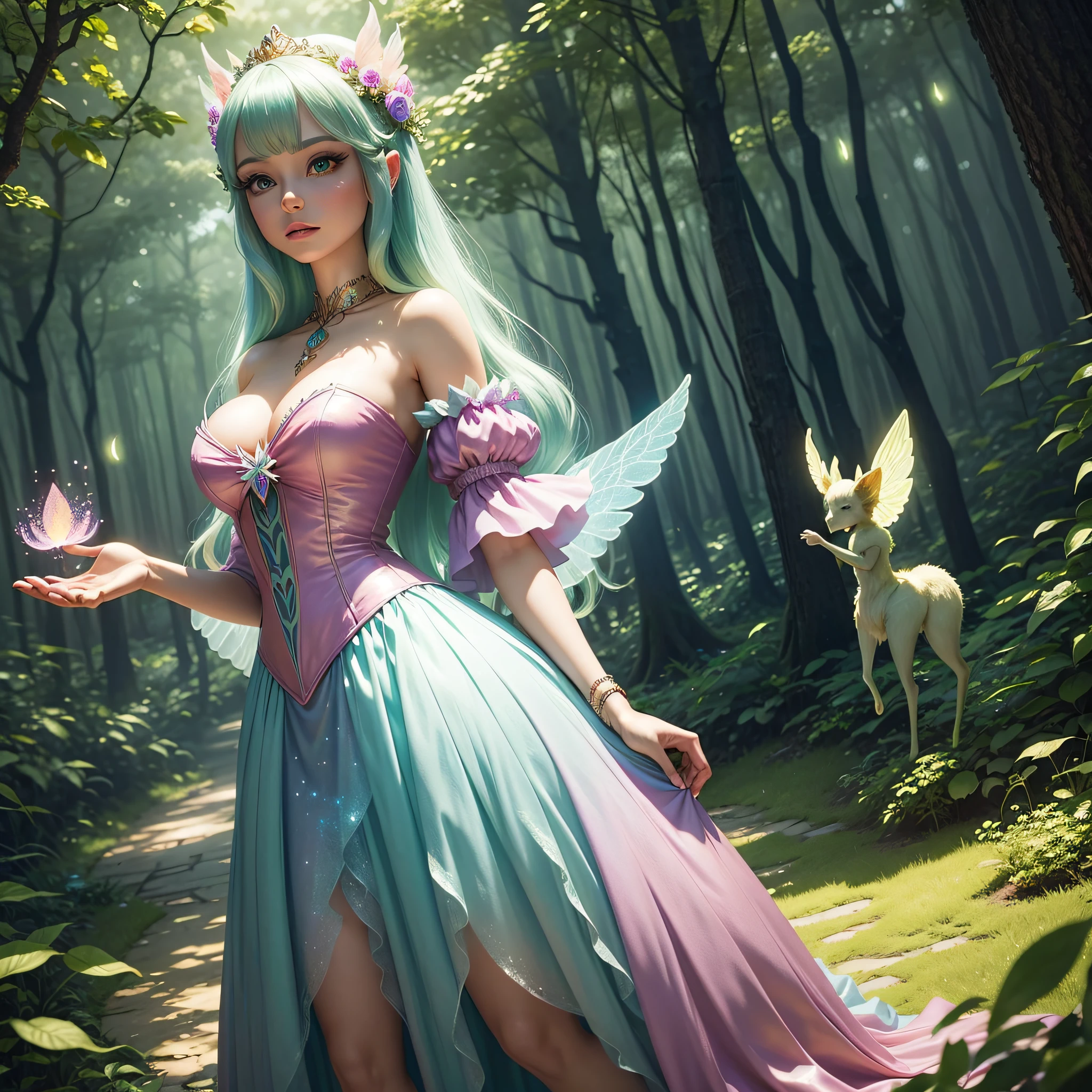 Enter a magical kingdom as Barbie transforms into a graceful forest fairy, surrounded by glittering fireflies and eccentric creatures. Com asas cintilantes e uma coroa de flores, She spreads enchantment in an ethereal forest setting.