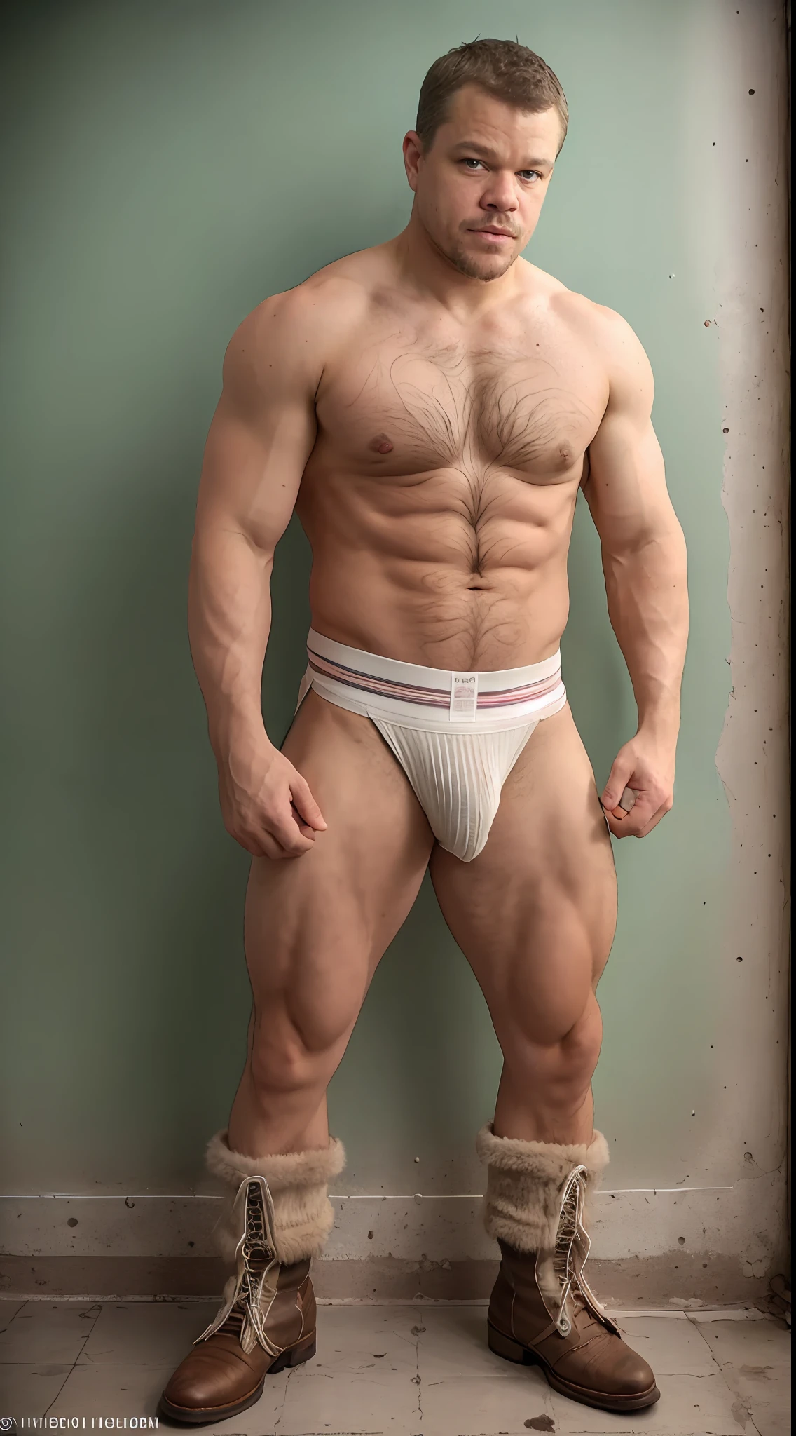 RAW full body photo, RAW photo, bearded Matt Damon moustache muscle wearing a dirty used white jockstrap with a bulge, bdsm gears, harness, collar, chains, hugging each other, flerty face (dirty wall in the background), (high detailed skin:1.2), 8k uhd, dslr, soft lighting, high quality, film grain, Fujifilm XT3, full body, ground view , super detail, A portrait full body of , medium hair shaved sides, Strong, muscular, hairy big belly bodybuilder, jockstrap showing very hairy pubs groin area, bulge, leather boots, epic realistic, photo, faded, neutral colors, ((((hdr)))), muted colors, intricate scene, artstation, intricate details, vignette