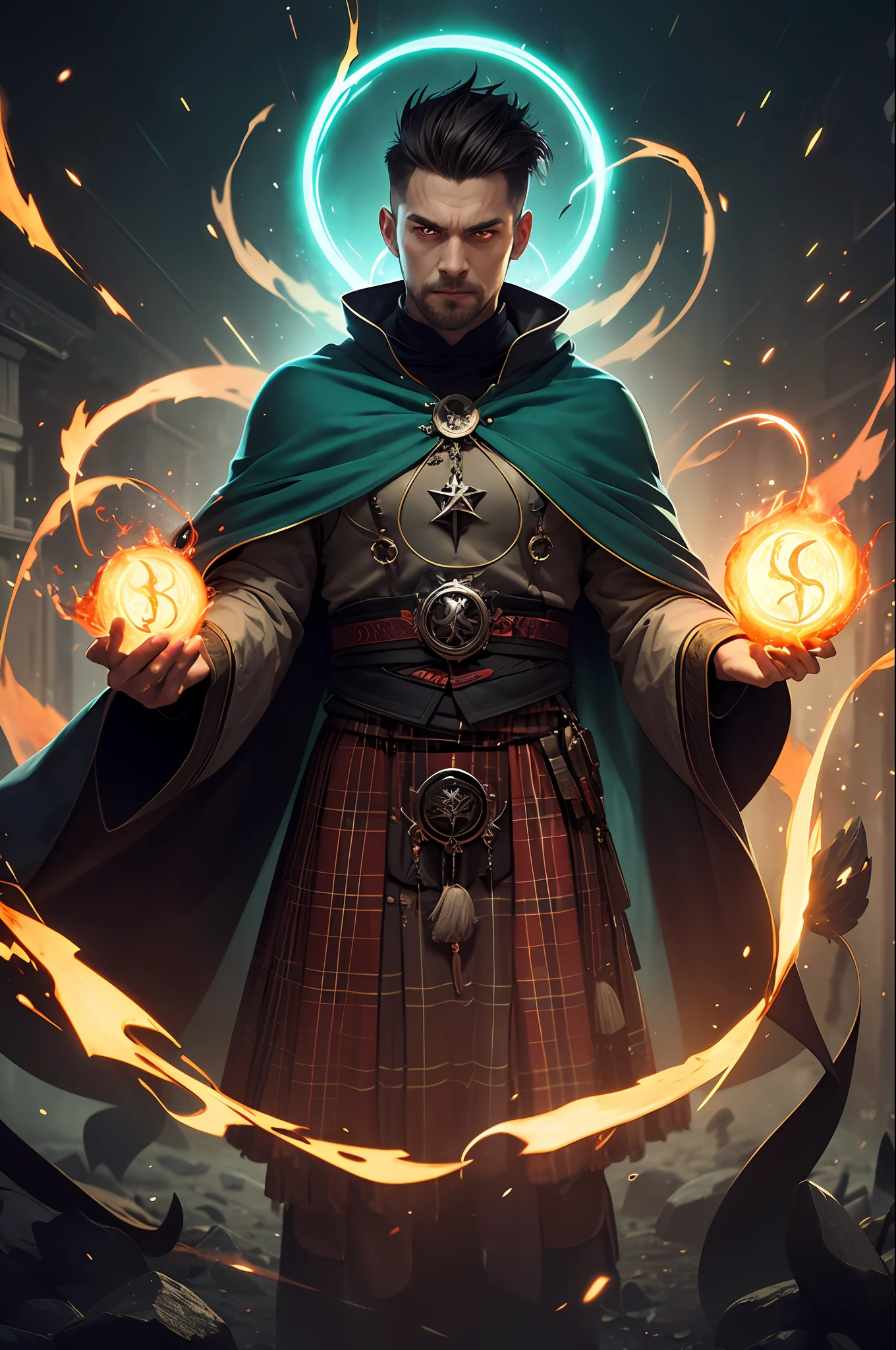 (1man, fat adult scottish male:1.2),  silver eyes, brown hair, undercut,
  looking down, solo, half shot, detailed background, detailed face, (V0id3nergy, void theme:1.1) evil mage, tattered blue magical robes, determined expression, green color scheme, dark green light, summoning circle,  glowing magical text,  dark atmosphere, shadows, realistic lighting, floating particles, sparks, surrounded by red lightning casting spell, summoning, (thick melting candles:0.8), red arcane symbols,  power-hungry eyes, bloom,
scg,