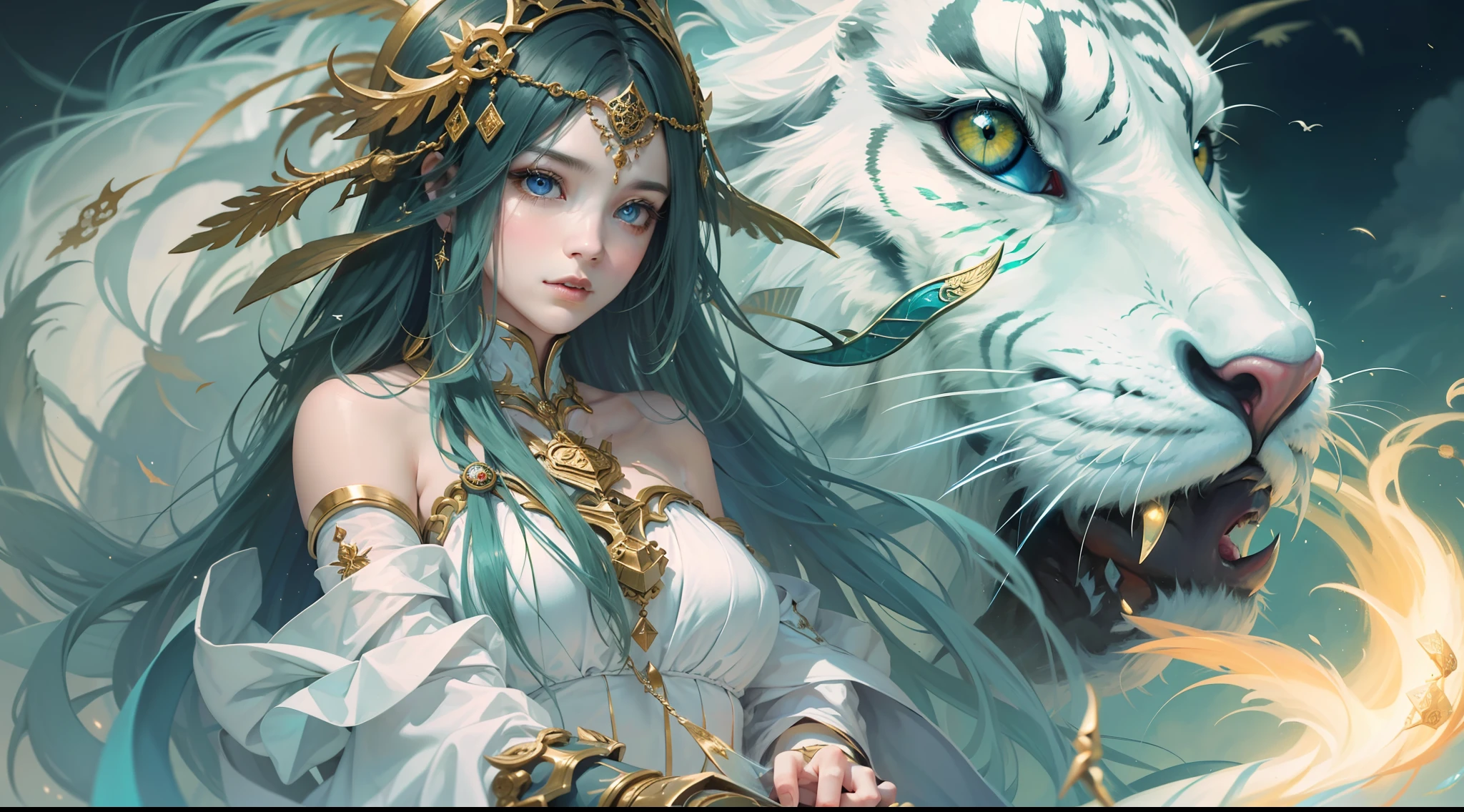 Magic Book,Blood,Night, Dark, (Fantasy),infinite,deep blue sky,The abyss of knowledge,Cowledge,((masutepiece)), (((Best Quality))),((Beautiful fine eyes)),(Eye lashes)、Beautiful girl riding a white tiger、(女の子1人)、Golden hair、The long-haired、abyss eyes、glowy skin、oils、small tits、(Bird body、pluma)、Wizard robes、tattered cloth、Realistic coat、Teenchi、elvish、Super delicate CG Unity 32k wallpaper、masterpiece, ((ultra-detailliert)), ((illustratio)),colourfull,wall-paper,The energy,Unknown terror,Incomprehensible,Around the magic,Magical surroundings,magic wands,Boken,Flying pages,Know everything,Predict the future、Get to know the past、Infinite wisdom、blue flames、Warlock、magic circles、Pentagram、Spells、mantra、Singing magic