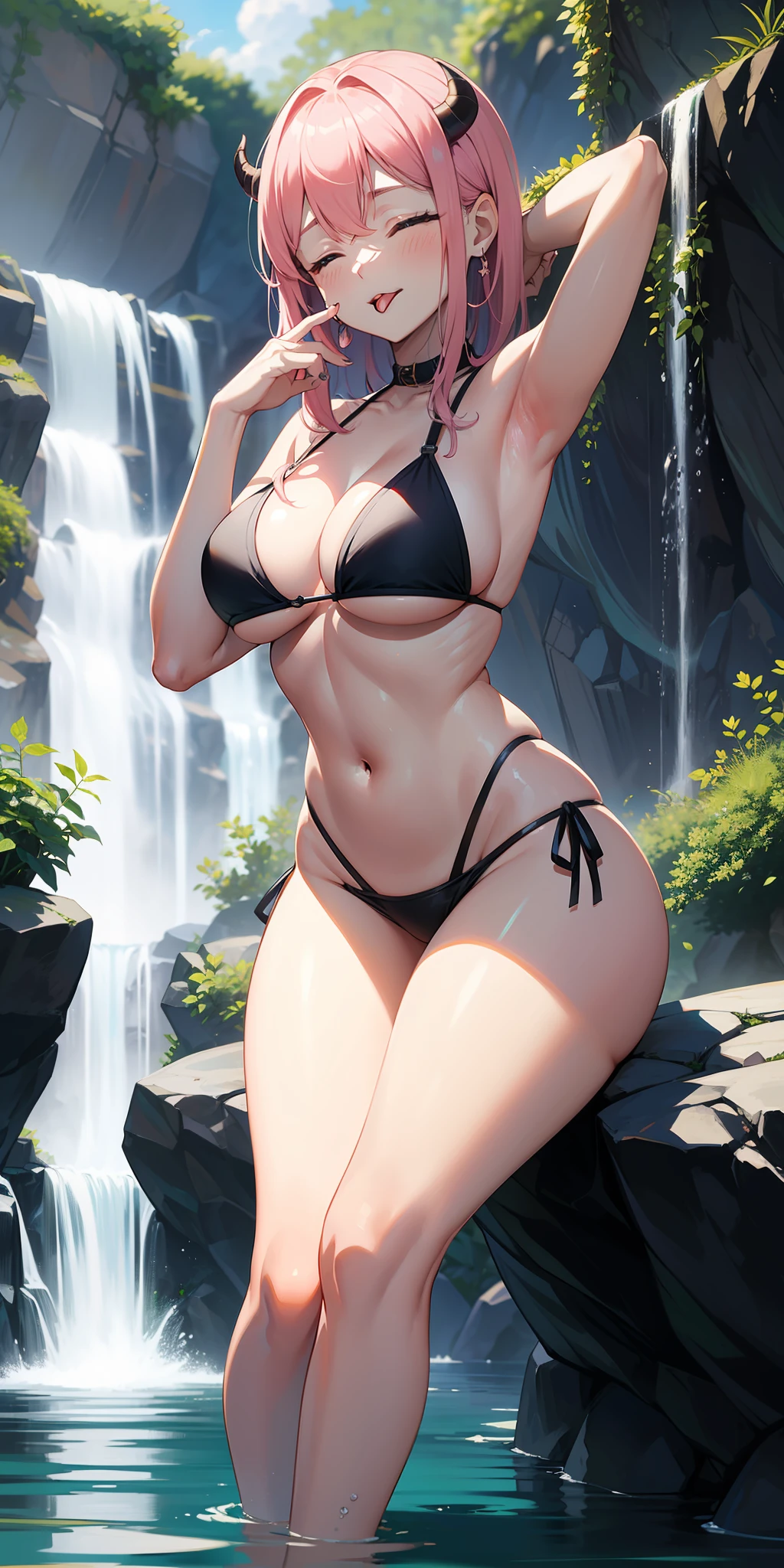 ((best quality)), ((master piece)), (circumstantial), anime style, ((demon slayer anime)), character Mitsuri Kanroji, 1girl best quality, portrait, ultra detailed, beautiful face, perfect anatomy, Solo, pale skin, giant light pink green hair, perfect hair, bangs, ((Eyes closed)), tongue out, tongue out, (😝), sexy bikini, thong, arms, Hands on boobs, legs thick, coxa grande, possession, background scenery, on the river, daytime, sunlight, sun, clouds, water floor, ultra detailed water, details in the environment, plants on the sides, waterfall in the background, information