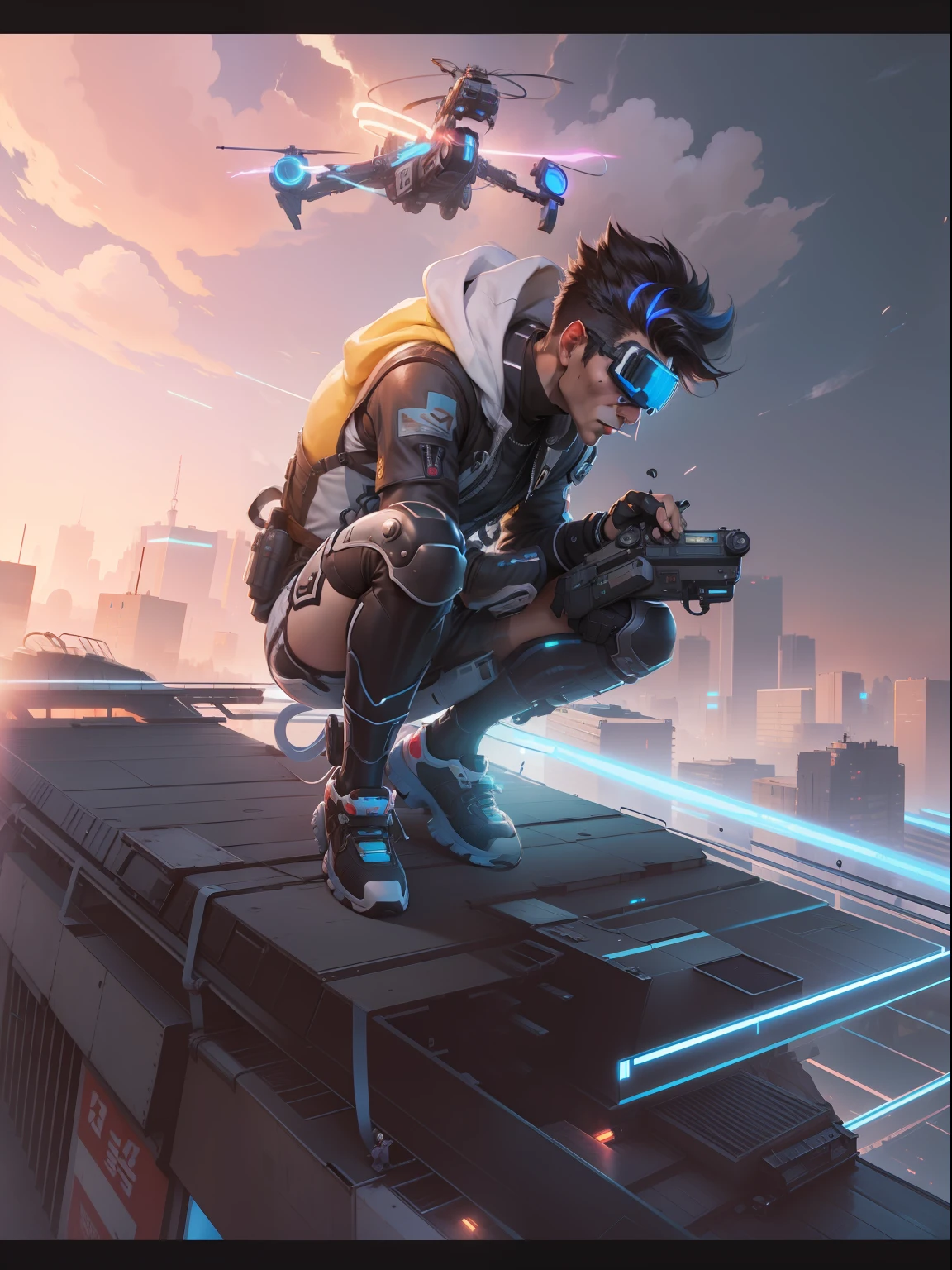 There is a caricature of a man on the roof with a camera, Makoto Shinkai ( apex legends ), Digital cyberpunk anime art, in style of apex legends, anime mecha aesthetic, ross tran and bayard wu, cyril rolando and goro fujita, Ross Tran style, portrait of apex legends, cyberpunk anime art, Guviz-style artwork,Wearing VR glasses --auto