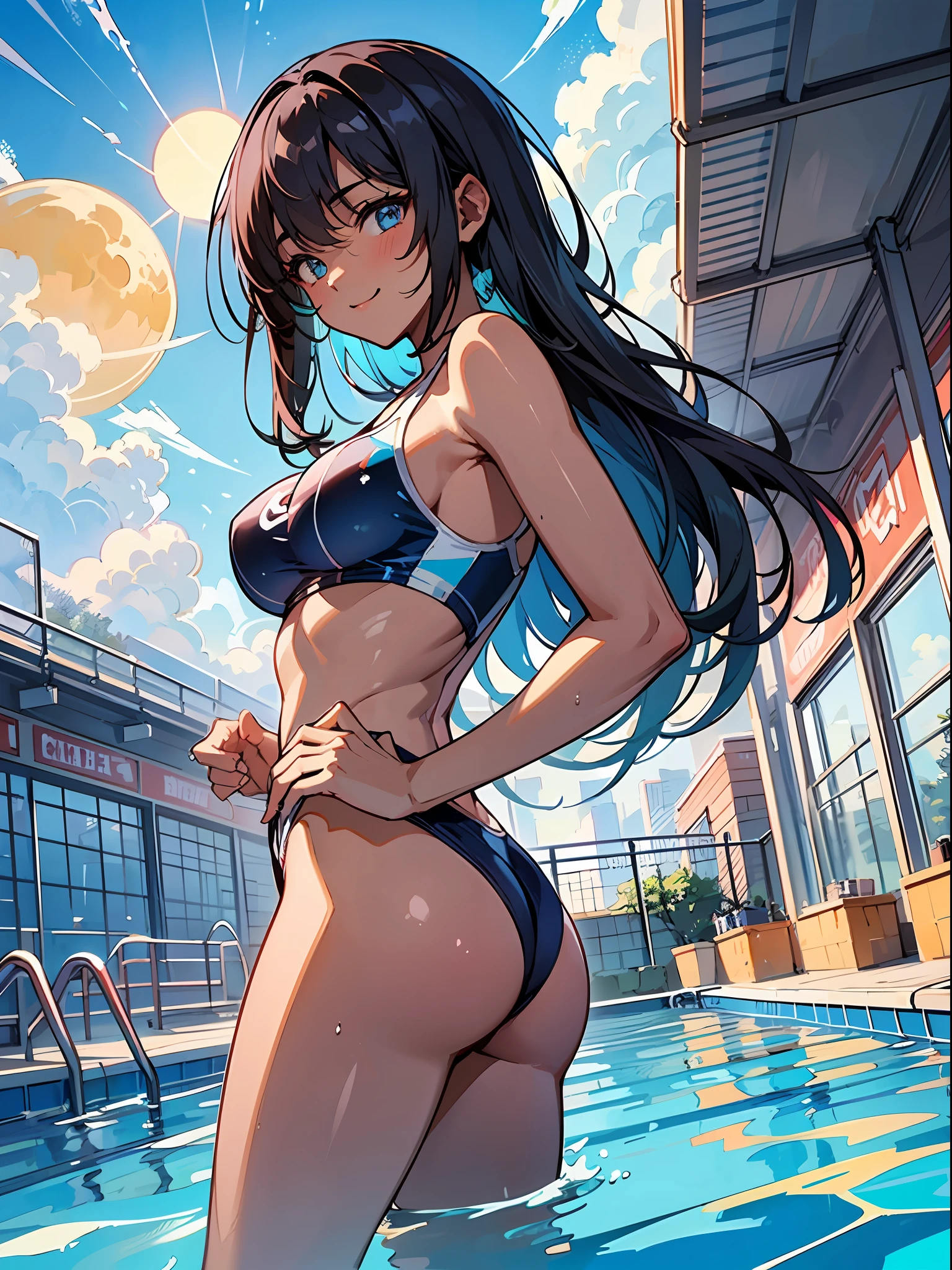 masterpiece、ultra-quality、ultra-detailliert、Perfect drawing、Solo、girl with、((Cute swimsuit))、Competitive swimsuit((High leg cut:1.5))、(round and big buttocks)、((Pose with buttocks sticking out))、(((bulging bust top)))、red blush:(0.2)、perspiring、(darkskin:1.5)、(Cute smile)、18year old、blue-sky、cumulonimbus clouds、glowing sun、Swimming pool、(Shot from diagonally below the back)、beatiful backgrounds、Accurate drawing、Detailed drawing