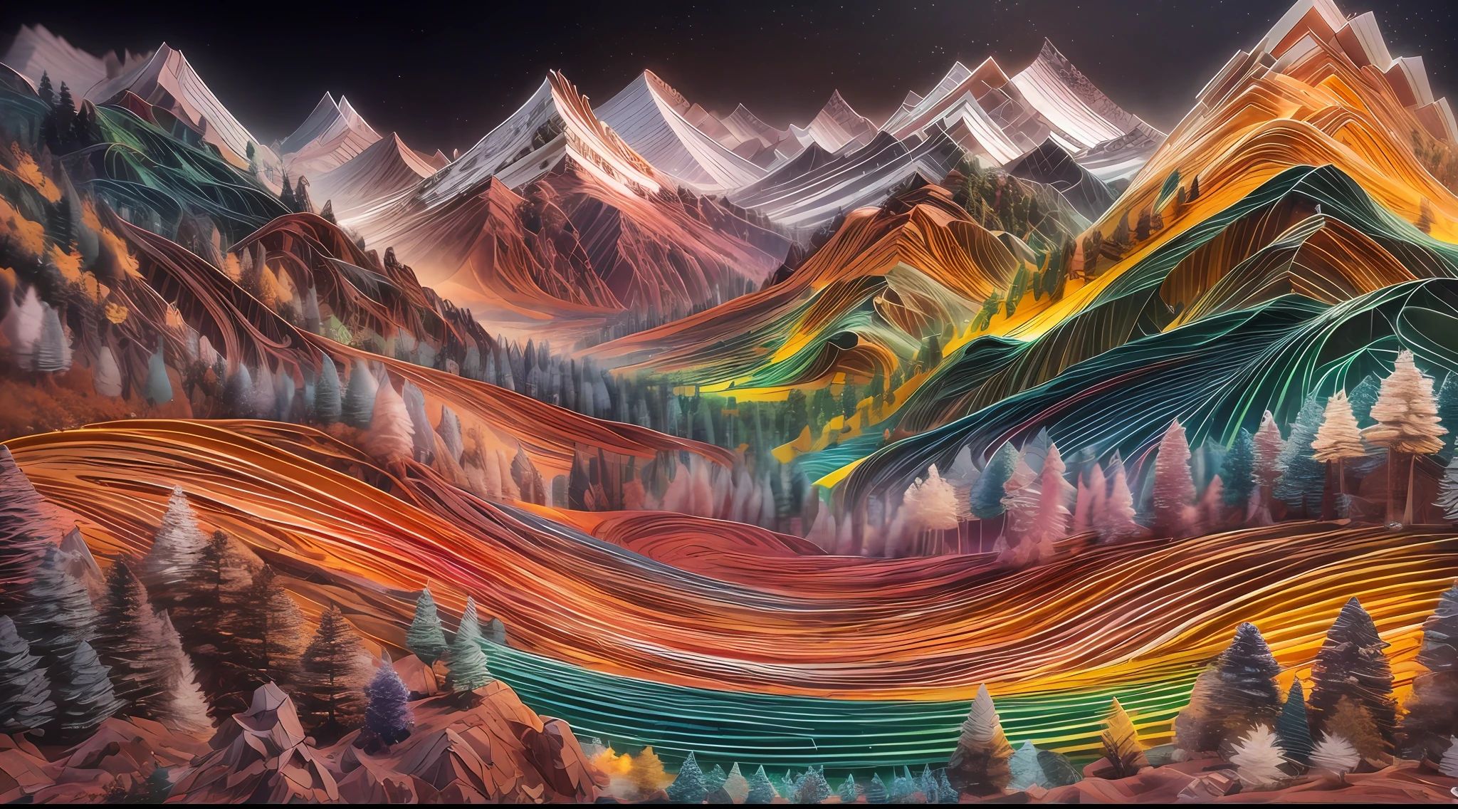 Overlooking,plethora of colors,mountain ranges,ln the forest,rios,waterfallr,paper art,(quilling paper art),(geomerty:1.2),a 3D render,extremely detaile, Cinematic lighting effects,4K,tmasterpiece,offcial art