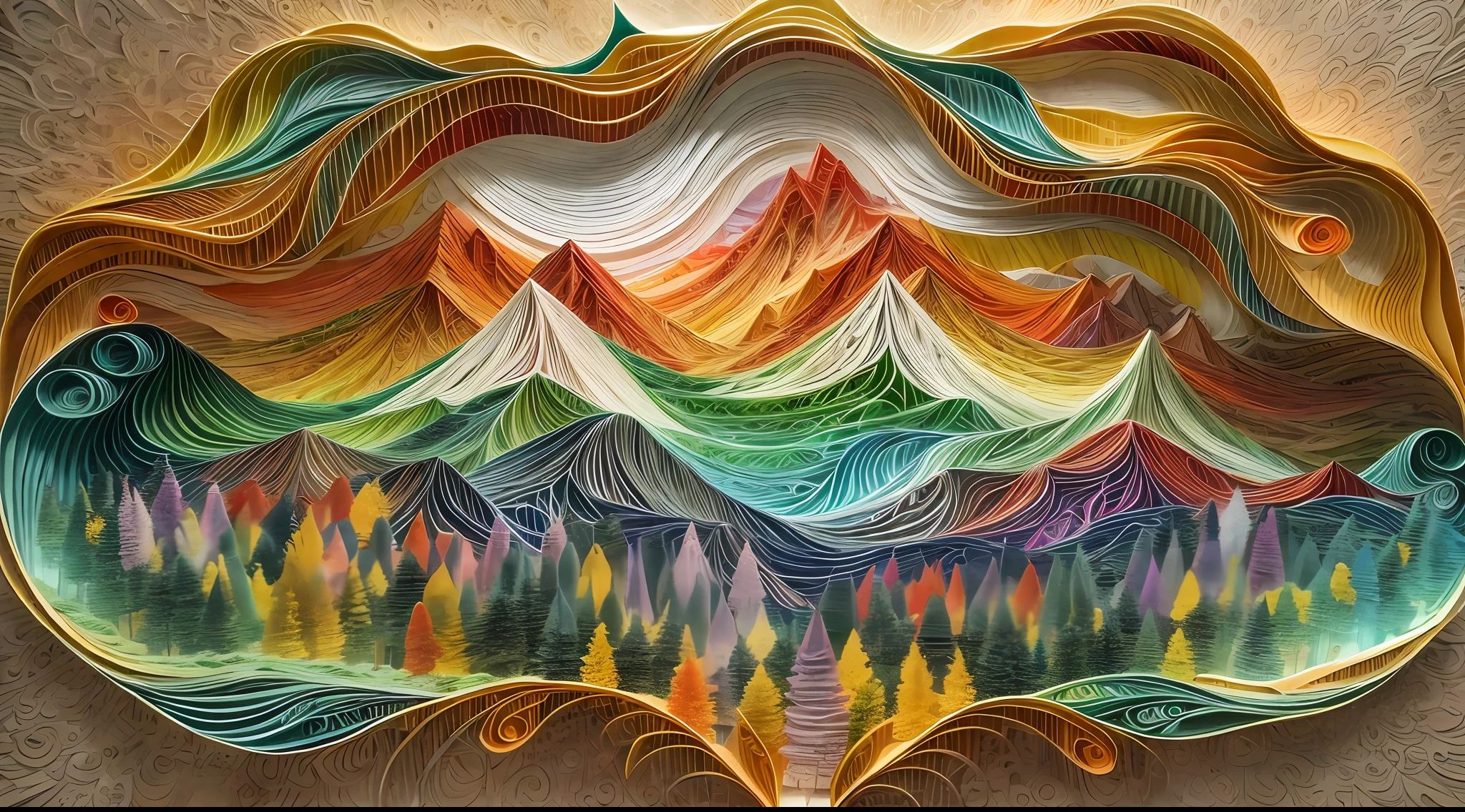 Overlooking，plethora of colors，mountain ranges，ln the forest，rios，waterfallr，paper art，(quilling paper art),(geomerty:1.2),a 3D render，extremely detaile, Cinematic lighting effects，4K，tmasterpiece，offcial art