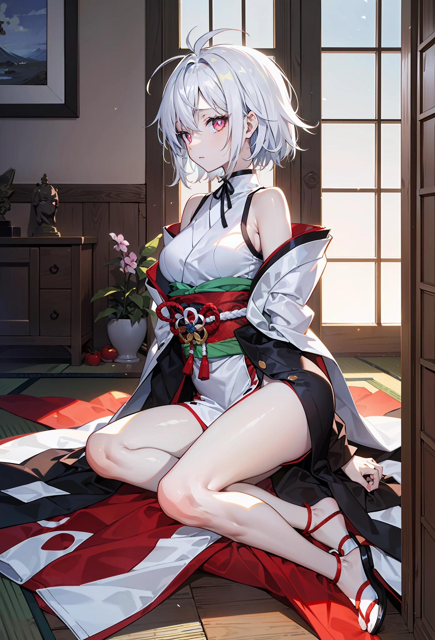 ((Masterpiece)), ((Best quality)), ((anime profile style)), ((high definition 4k)), ((Female character)),(half-body shots), ((1 Japan samurai)), ((Beautiful body)) , Girl, Female face, CRIT,Bare shoulders,((Radiant skin)),(Grim expression) white skinned, ((Eyes)), eyelid, collofull eyes, sclera, Iris, eyebrow, eyeslashes, Ear, nase,Cloak, ((Hair)) , ((White messy hair reaches the eyes)), ((light effect on hair)), japanese samurai armor, ((light effect on clothing)), ((light effect on body)), ((Face light effects)),Neck , bshoulders, (Thin waist),((little breast)), ((perfect abdomen)), Arms, ((Thick legs)), ((upper legs)), (Sit on your knees),((In a Japanese-style room)), environment details, surrounding objects, ((lighting)), viewer view