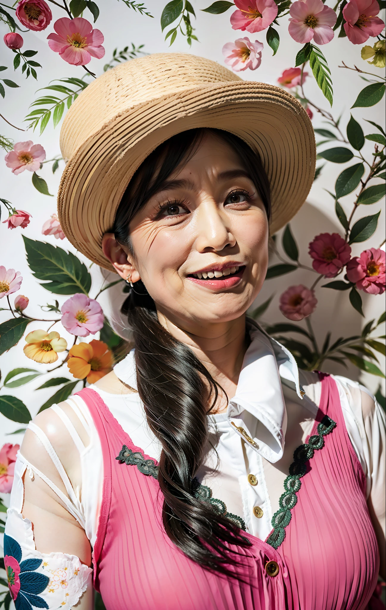 hight resolution, Original, (flat-colors:0.9),(colourfull:1.1),(masterpiece:1,2), top-quality, masterpiece, hight resolution, Original, highly detailed wallpaper, Viewer's Perspective,Solo,portlate, (A MILF)、68 years old、Mature Woman Body Set、Exposing breasts、showing teeth、Detailed tongue、Detailed mouth、Staring at this、Floral background、undergarment、(Mature)、Wrinkles at the corners of the eyes、ultra-realistic,8k