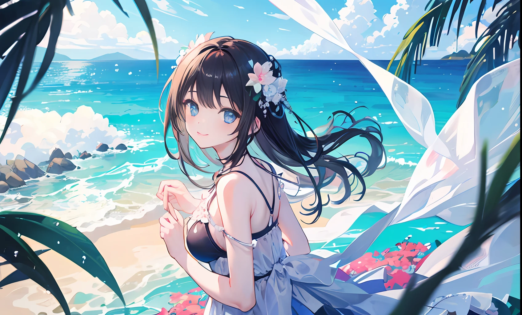 1 girl in、Dark hair、Long、Blue eyes、18year old、medium chest、Ruffled swimsuit、beautiful ocean、Under the paracel、Beautiful light depiction、Looking at the camera、A slight smil、light laughing、Depicted from an angle、Incredibly high quality、Floral hair ornament、beautiful ocean、ocean view、crystal clear ocean、Transparency、((Masterpiece Highest Quality:1.2))