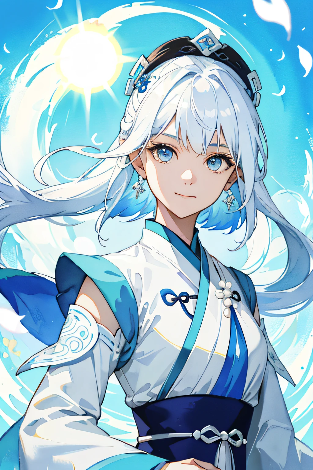 Mature cute girl ,White eyes,Blue-white hair color,Floating hair,Delicate and agile eyes,Intricate damask hanfu,Xiang Guan smiled sweetly,Two-thirds body diagram,Try not to show your hands,Eyes narrowed slightly,Petals flying,Gorgeous accessories,Wearing pearl earrings,fov,f/1.8,tmasterpiece,blue-sky,Petals flying,Chang'e,Side lighting,The sun shines on people,8K,(Smile:0.9),(Masterpiece,top-quality,best qualtiy,offcial art,Beauty and aesthetics:1.2),(1girll:1.3),Long hair,extremedetailed,Colorful,highestdetailed,(watercolor paiting:1.2),opticalmixing,playfulpatterns,livelytexture,richcolors,unique visual effect