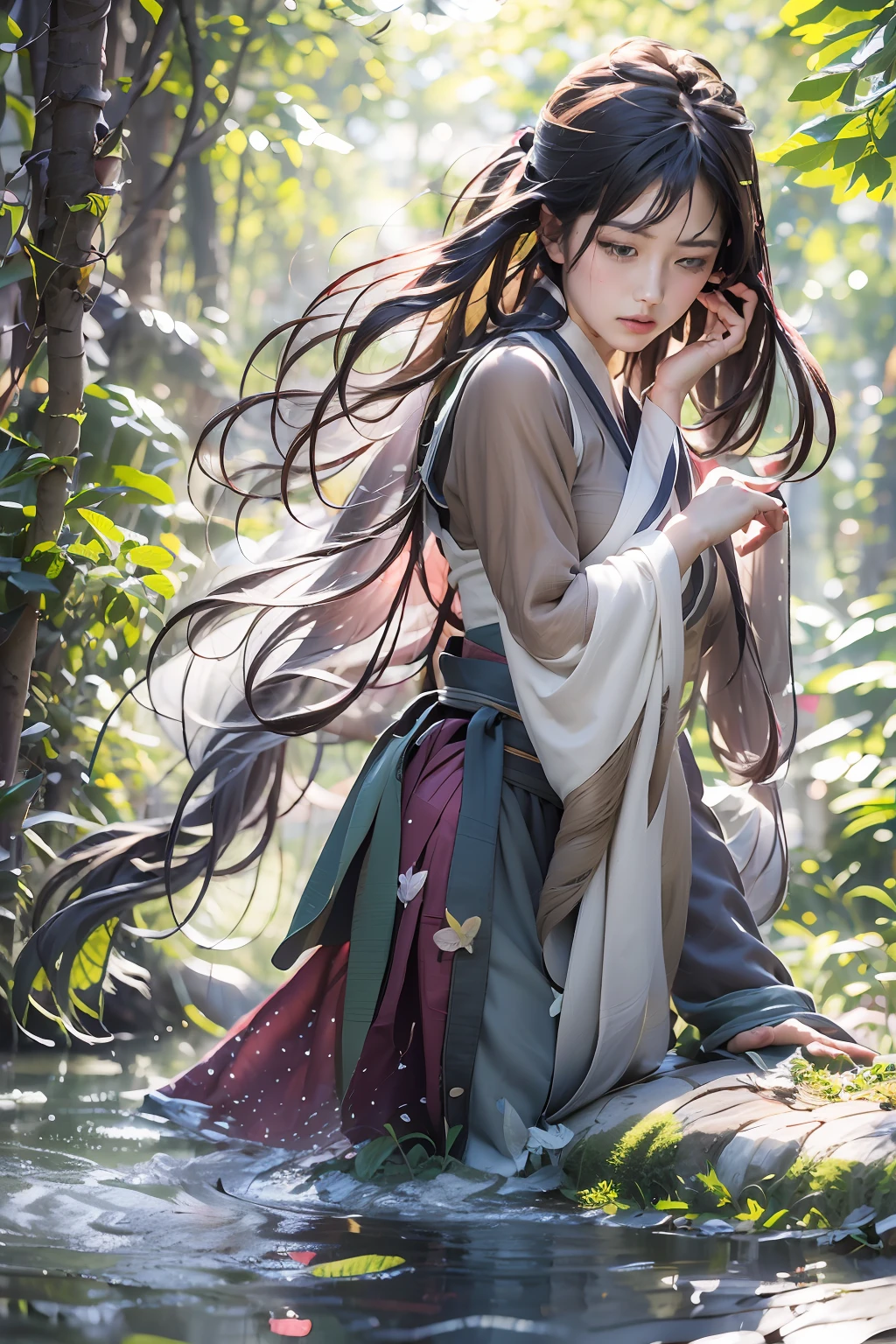 (masterpiece, best quality, CG:1.2), alluring young lady, (elegant hanfu attire:1.1), (flowing fabric:1.2), (dark flowing locks:1.1), (captivating eyes:1.2), reclining beside a crystal-clear forest stream, (moss-covered stones:1.3), (lush ferns:1.2), (glimmering sunlight filtering through the canopy:1.1), (colorful butterflies dancing:1.2), (gentle babbling of the stream:1.1), (peaceful aura:1.2), a moment of blissful respite, serene expression, immersive ambiance, cinematic composition, inviting viewers into a tranquil realm.