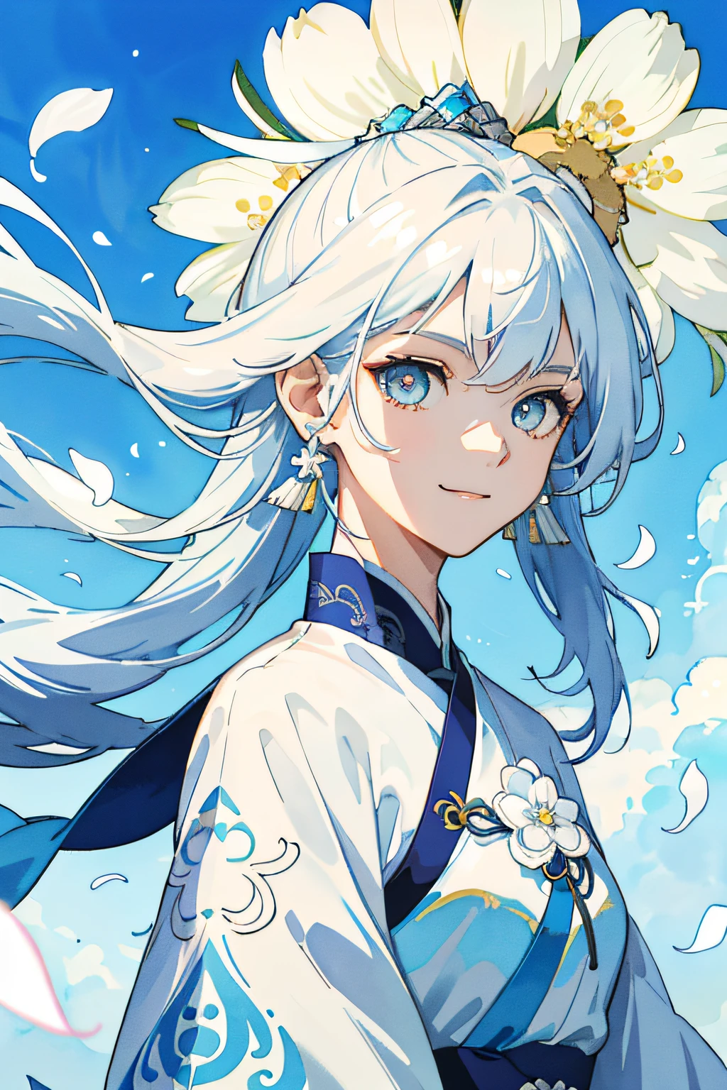 Mature cute girl ,White eyes,Blue-white hair color,Floating hair,Delicate and agile eyes,Intricate damask hanfu,Xiang Guan smiled sweetly,Eyes narrowed slightly,Petals flying,Gorgeous accessories,Wearing pearl earrings,fov,f/1.8,tmasterpiece,blue-sky,Petals flying,Chang'e,Side lighting,The sun shines on people,8K,(Smile:0.9),(Masterpiece,top-quality,best qualtiy,offcial art,Beauty and aesthetics:1.2),(1girll:1.3),Long hair,extremedetailed,Colorful,highestdetailed,(watercolor paiting:1.1),opticalmixing,playfulpatterns,livelytexture,richcolors,unique visual effect