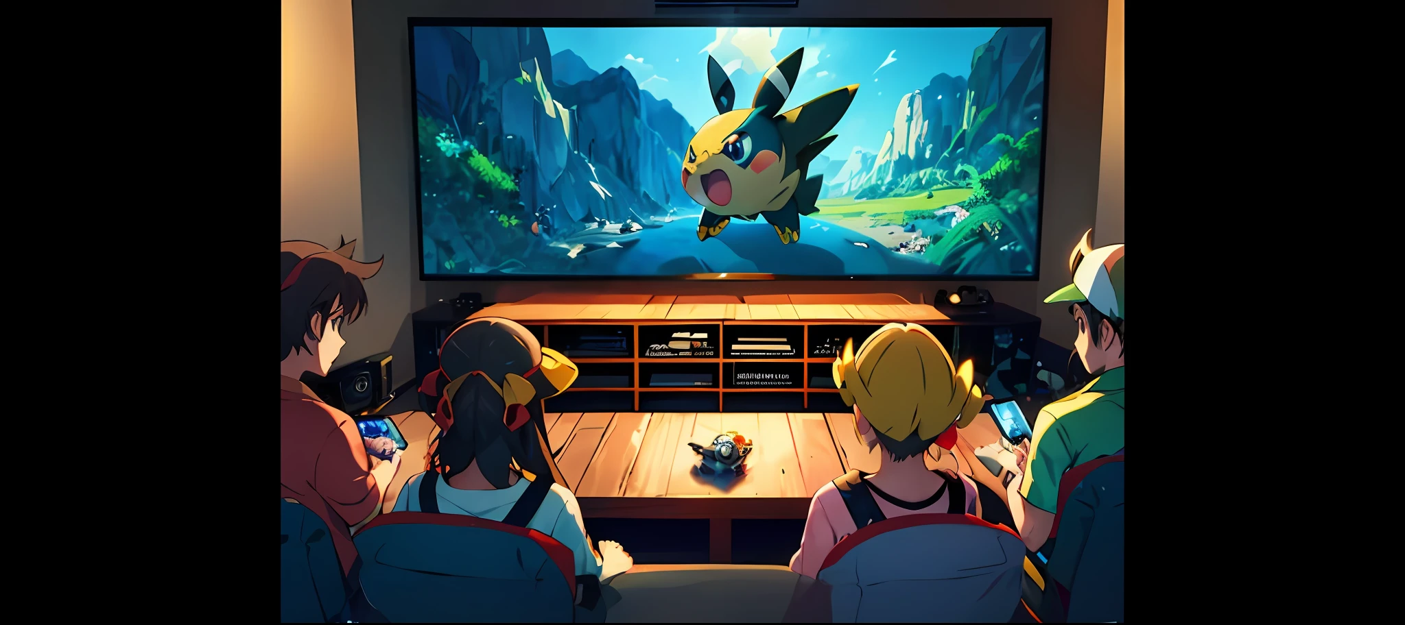 Pokemon are playing video games on the big screen, pokemon sword and sheild, Today's featured anime stills, pokemon anime style, pokemon style, pokemon art style, still from tv anime, illustration pokemon, screenshot from the anime film, anime movie scene, twins playing video games, Official artwork, new pokemon, gaming bedroom, concept art of pikachu