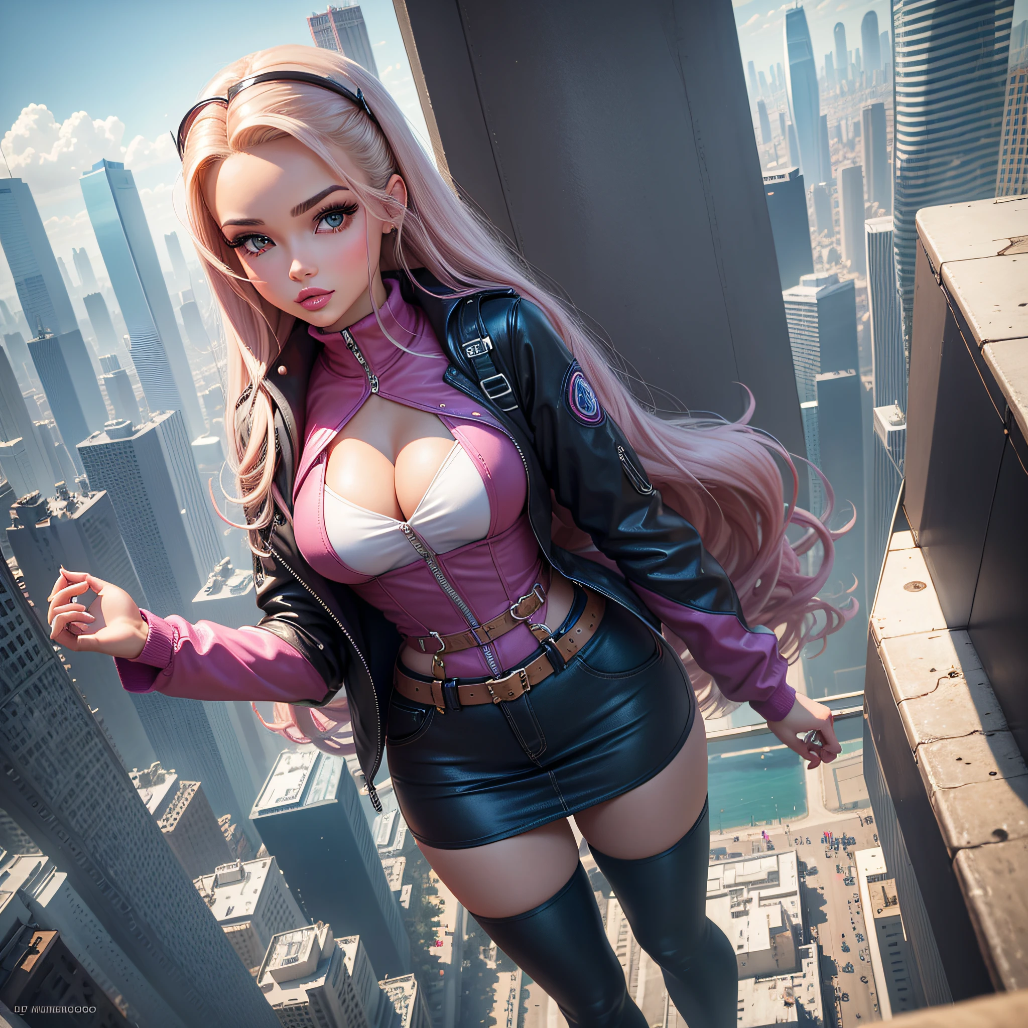 Imagine a Barbie como uma ousada exploradora urbana, Venturing to the top of skyscrapers. Vestindo uma roupa urbana elegante, She enjoys stunning views of the cityscape and the thrill of discovering the heights.