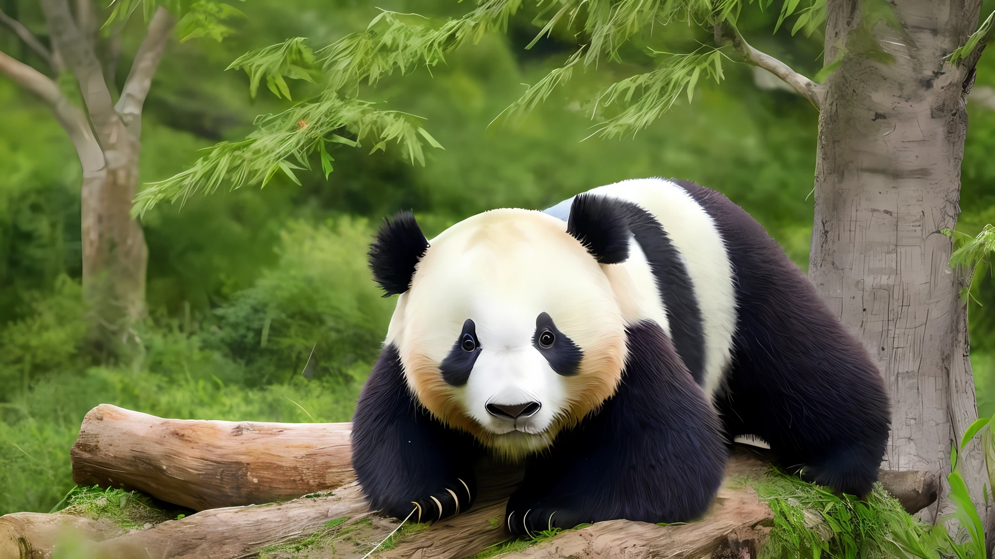 Panda holding tree trunk