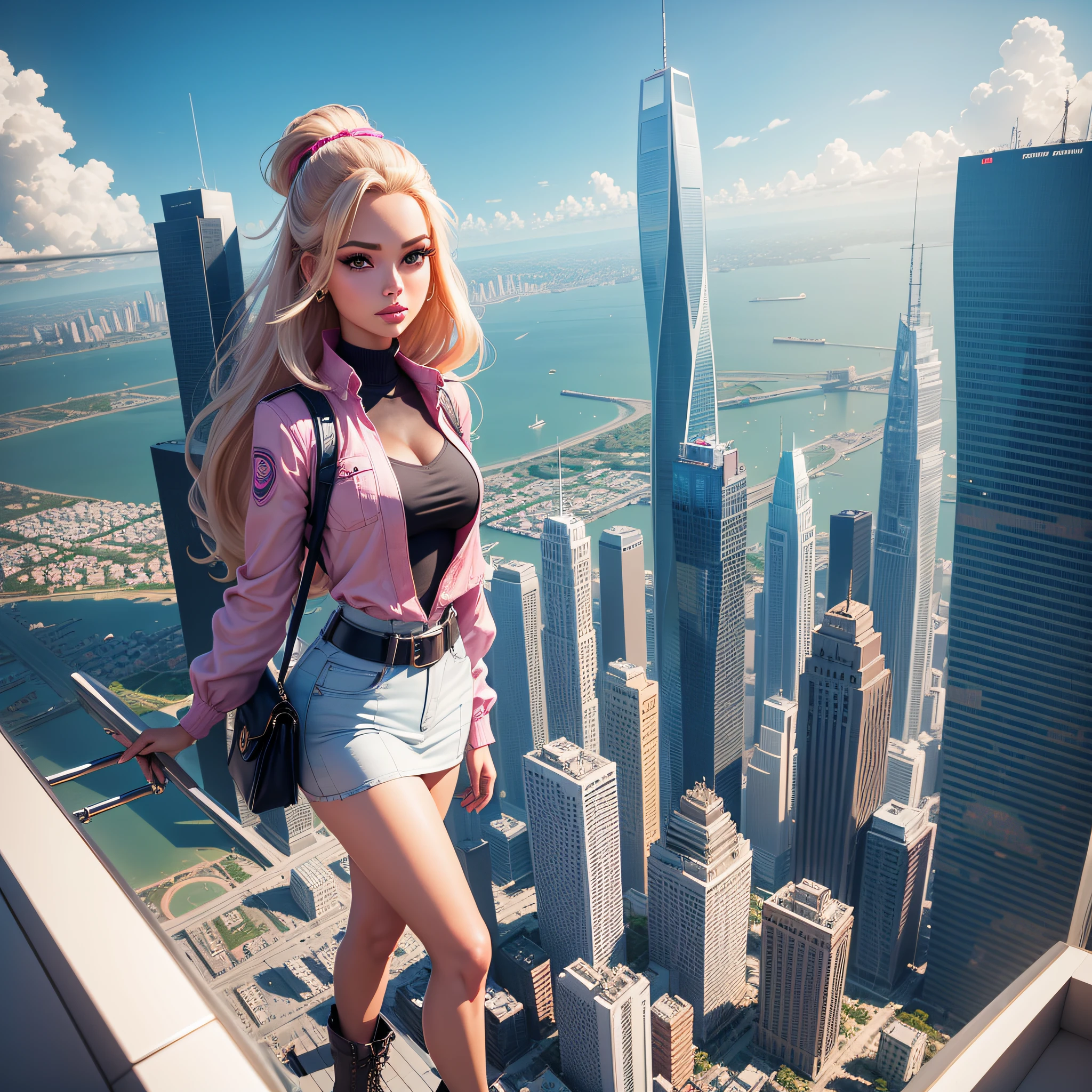 Imagine a Barbie como uma ousada exploradora urbana, Venturing to the top of skyscrapers. Vestindo uma roupa urbana elegante, She enjoys stunning views of the cityscape and the thrill of discovering the heights.