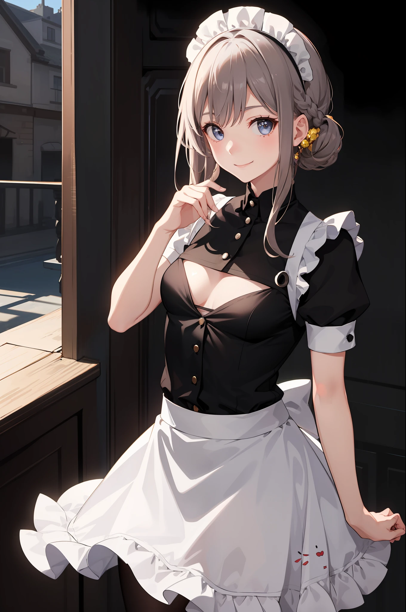 1girl in、A smile、A delightful、skirt by the、(small tits)Chilarism、doress、pinafore,,,,,,、Maids,,,,,,,,、hair adornments、movement、
