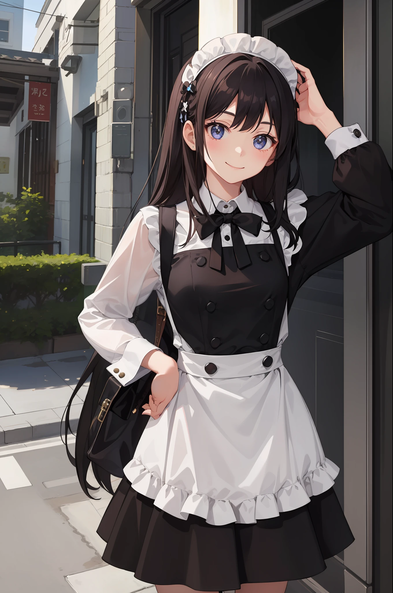 1girl in、A smile、A delightful、skirt by the、(small tits)Chilarism、doress、pinafore,,,,,,、Maids,,,,,,,,、hair adornments、movement、