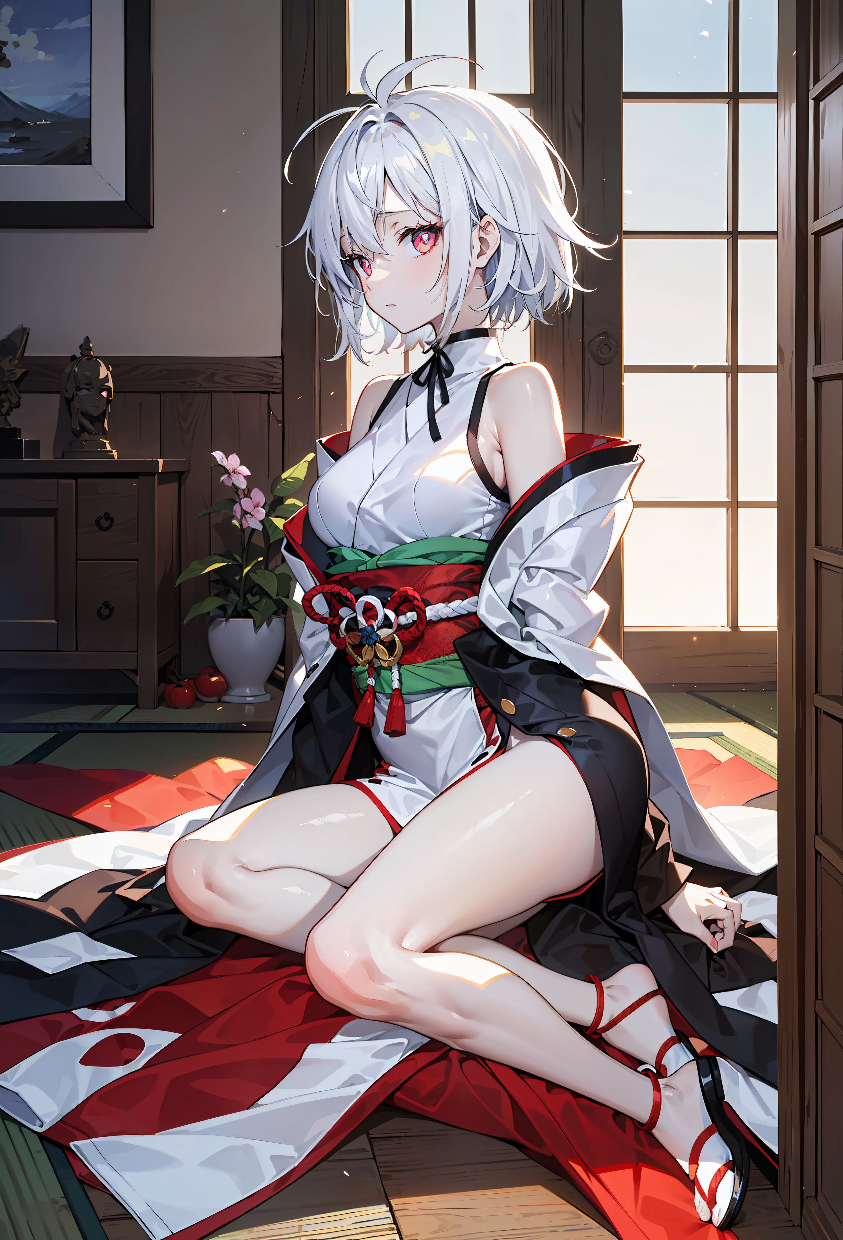 ((Masterpiece)), ((Best quality)), ((anime profile style)), ((high definition 4k)), ((Female character)),(half-body shots), ((1 Japan samurai)), ((Beautiful body)) , Girl, Female face, CRIT,Bare shoulders,((Radiant skin)),(Grim expression) white skinned, ((Eyes)), eyelid, collofull eyes, sclera, Iris, eyebrow, eyeslashes, Ear, nase,Cloak, ((Hair)) , ((White messy hair reaches the eyes)), ((light effect on hair)), japanese samurai armor, ((light effect on clothing)), ((light effect on body)), ((Face light effects)),Neck , bshoulders, (Thin waist),((little breast)), ((perfect abdomen)), Arms, ((Thick legs)), ((upper legs)), (Sit on your knees),((In a Japanese-style room)), environment details, surrounding objects, ((lighting)), viewer view