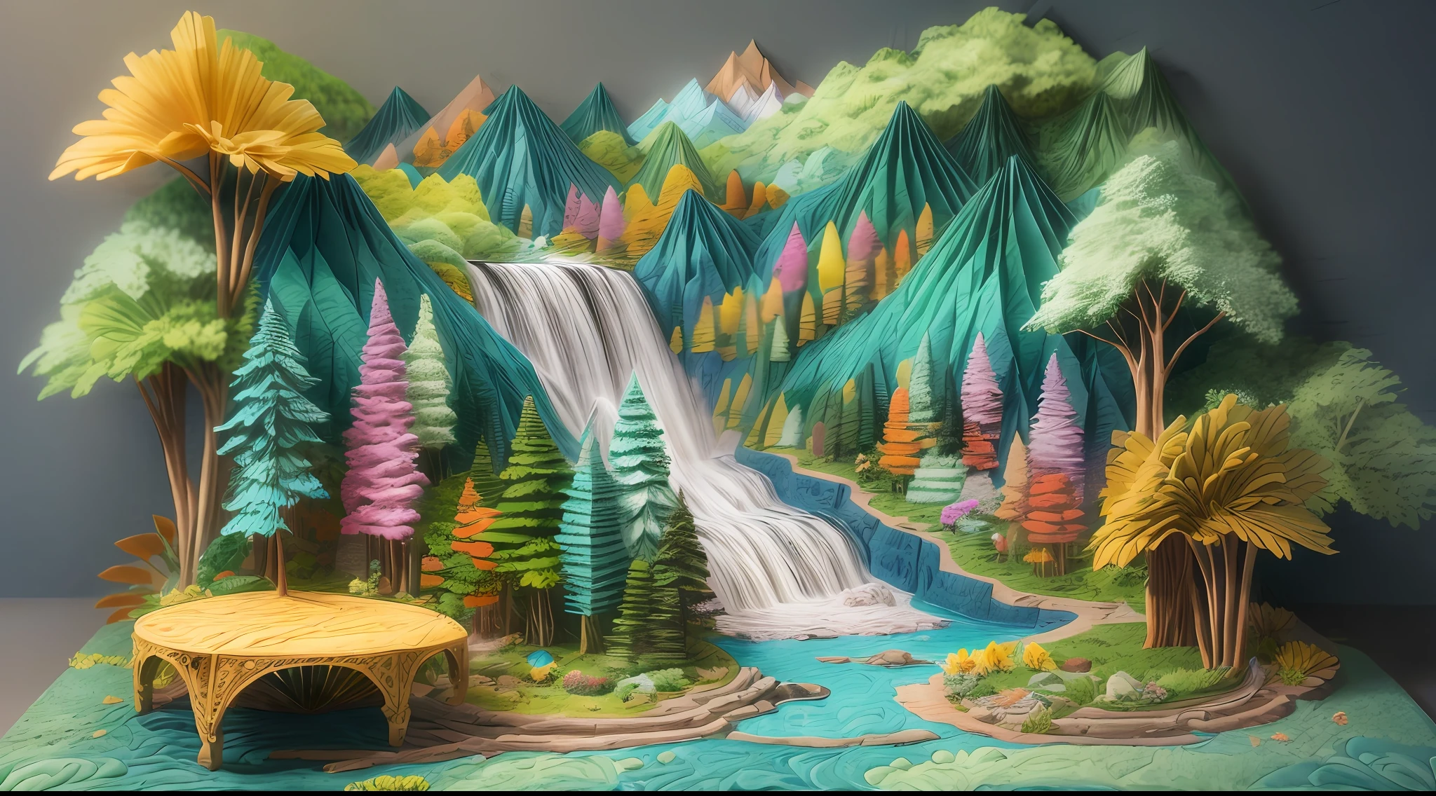 Overlooking,plethora of colors,spring,mountain ranges,ln the forest,rios,waterfallr,paper art,(Quilted paper art),(geomerty:1.2),a 3D render,extremely detaile, Cinematic lighting effects,4K,tmasterpiece,offcial art