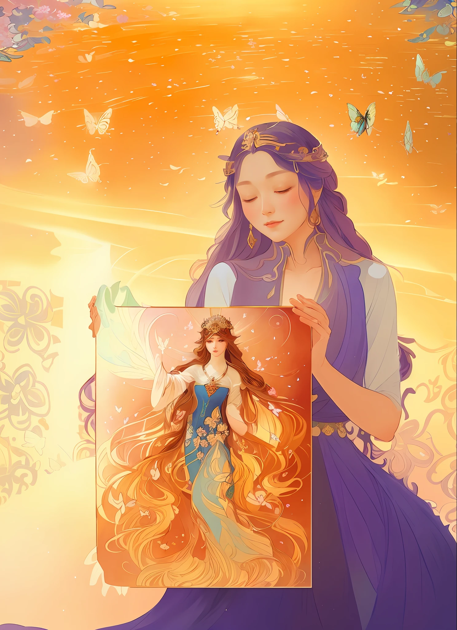 There is a woman, Holding a photo of a woman with butterflies, alphonse mucha and rossdraws, inspired by Ai Xuan, beautiful illustration, beautiful character painting, Yang J, a beautiful fantasy empress, inspired by Xie Sun, exquisite digital illustration, inspired by Fenghua Zhong, inspired by Yeong-Hao Han, ((a beautiful fantasy empress))