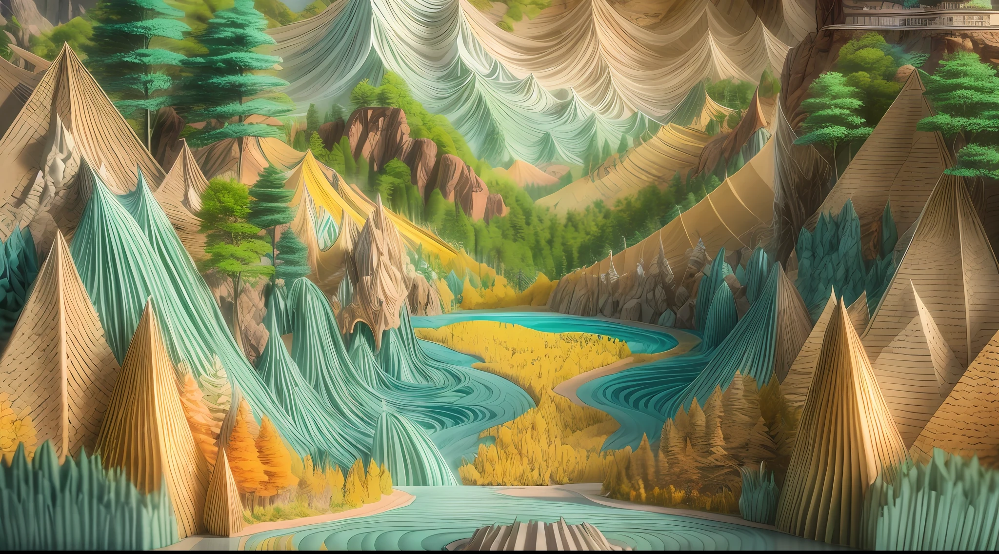Overlooking,plethora of colors,spring,mountain ranges,ln the forest,rios,waterfallr,paper art,(Quilted paper art),(geomerty:1.2),a 3D render,extremely detaile, Cinematic lighting effects,4K,tmasterpiece,offcial art