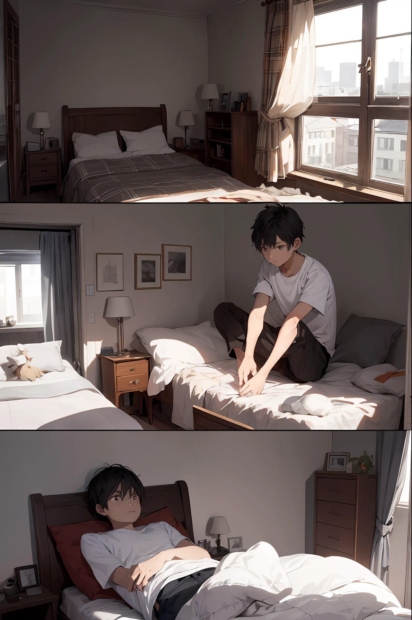 Scene interior,The boy sits on the bed。
shot of:panorama
description:The protagonist sits alone on the bed,Looking at the empty room,The expression is exhausted。