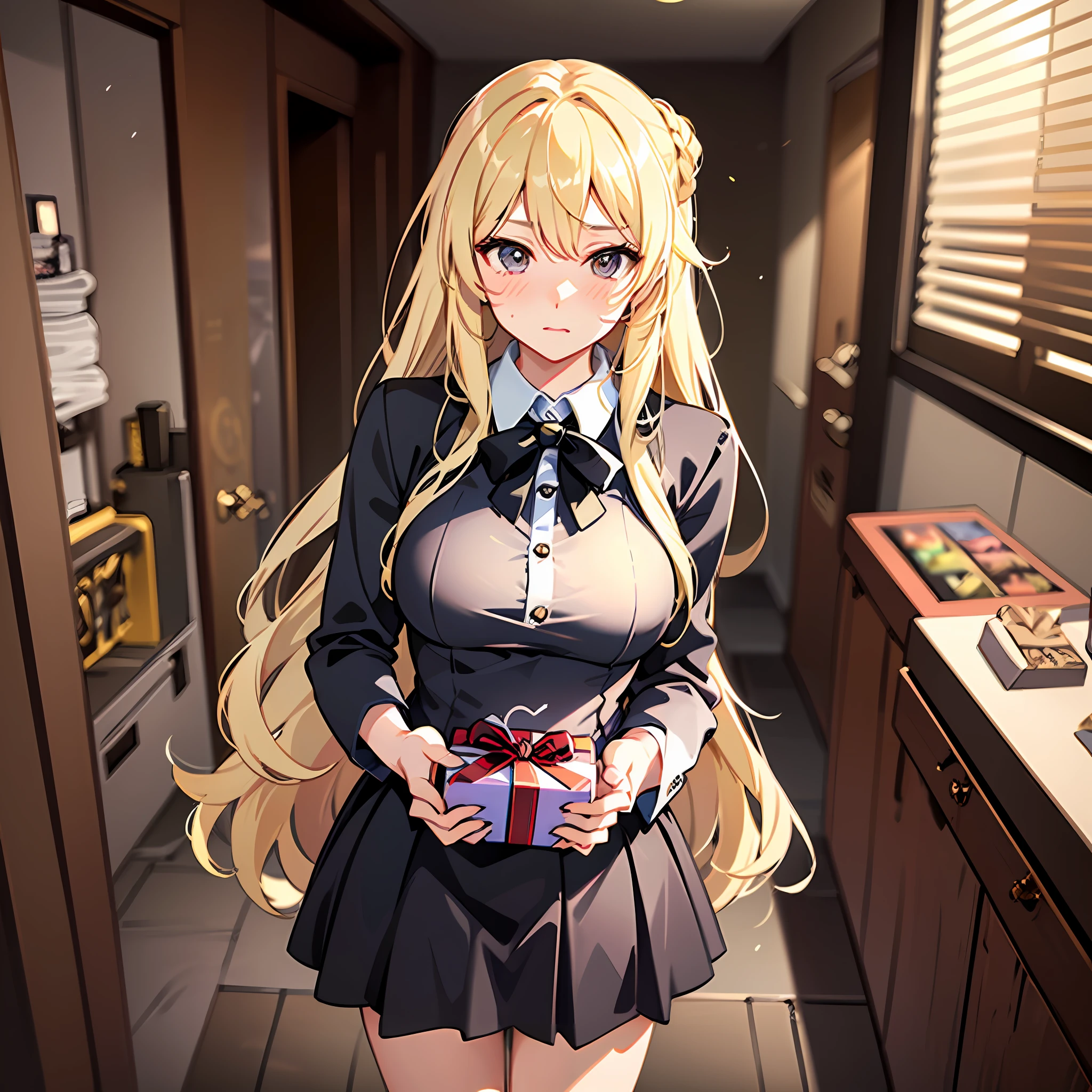 A mature woman,(Long fluffy blonde hair:1.6),Business suit,Skirt that wraps hips,black long socks,Mature and beautiful,Rich and noble families,Stand at the bathroom door,(Holding a gift box in both hands:2),Shy, Blush, Embarrassed, ripped apart, Ear blush, flustered, full blush,looking at viewert,Ultra-detailed CG,Exquisite facial features,Clear facial expressions,Detailed digital anime art,Digital anime art,High quality anime art style