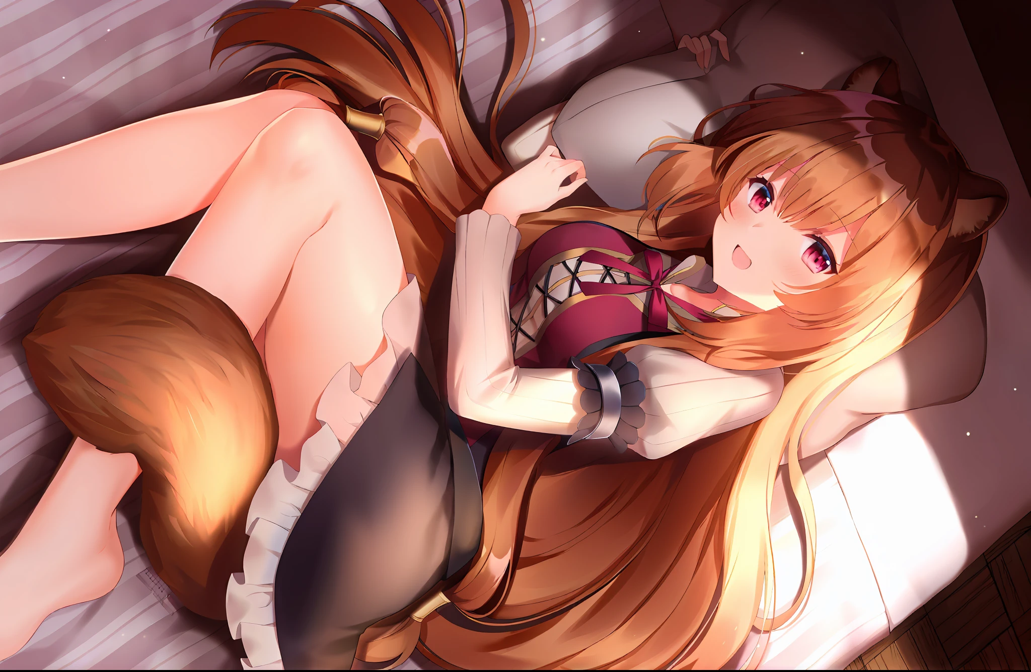 Anime girl lying on bed，legs crossed, Holo is a wolf girl, seductive anime girls, holo if a wolf girl, Anime girl with long hair, holograph, Blonde anime girl with long hair, Smooth anime CG art, Beautiful anime girl, (Anime girl), asuna yuuki, Cute anime girl, nightcore