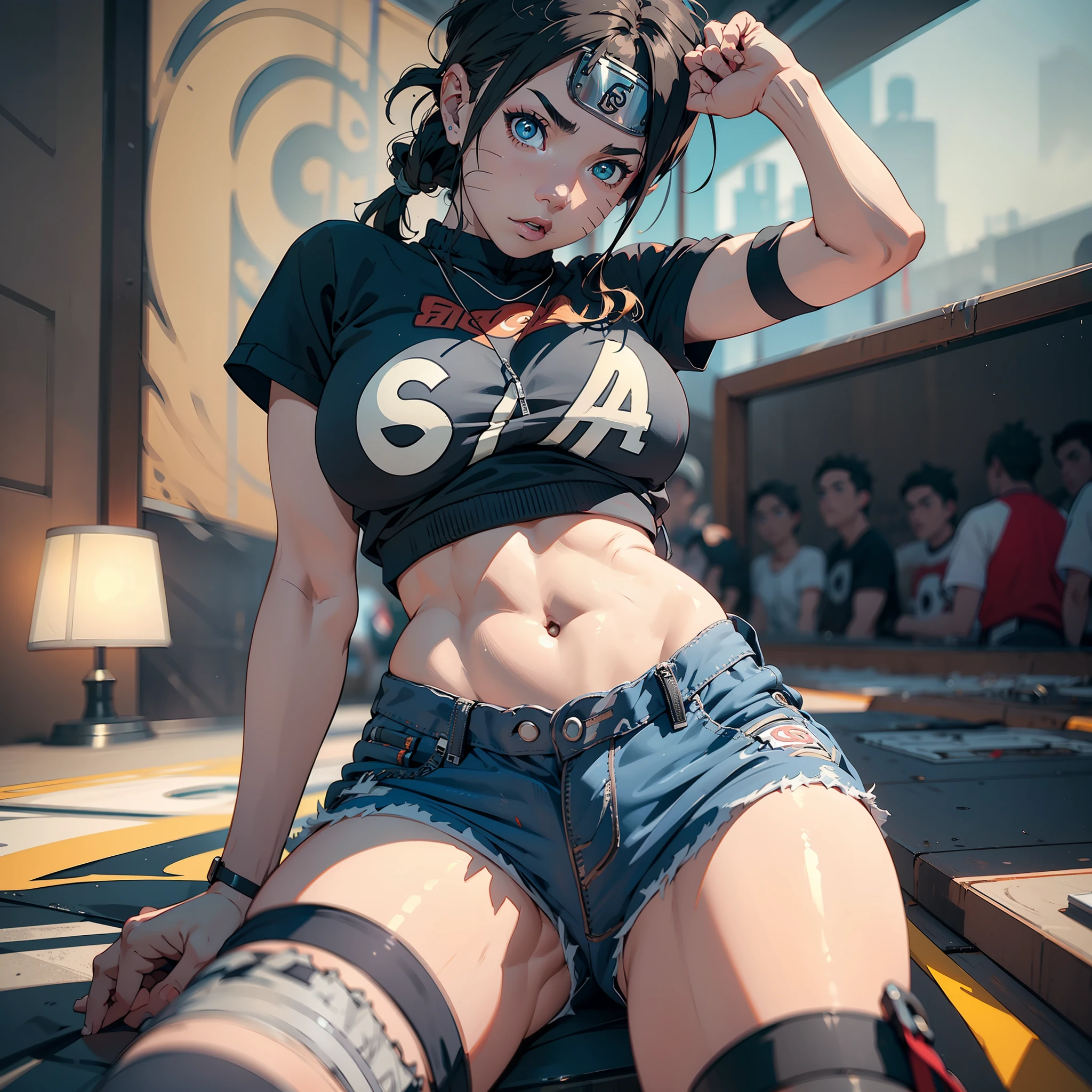 Naruto Jutsu Sexy, muito sensual, com roupas de funkeira, brasileira, rio de janeiro, dancing funk, rebolando, bunda grande, pernas grossas, usando um short jeans extremamente curto, usando uma mini blusa, umbigo com pirsing, sneakers Nike, cabelo comprido, Speaker behind, corpo inteiro, muito realista, extremamente sexy, 8k, 8k extremamente detalhado), (um extremamente delicado e bonito), (obra-prima), (melhor qualidade: 1.0), (ultra highres:1.0)