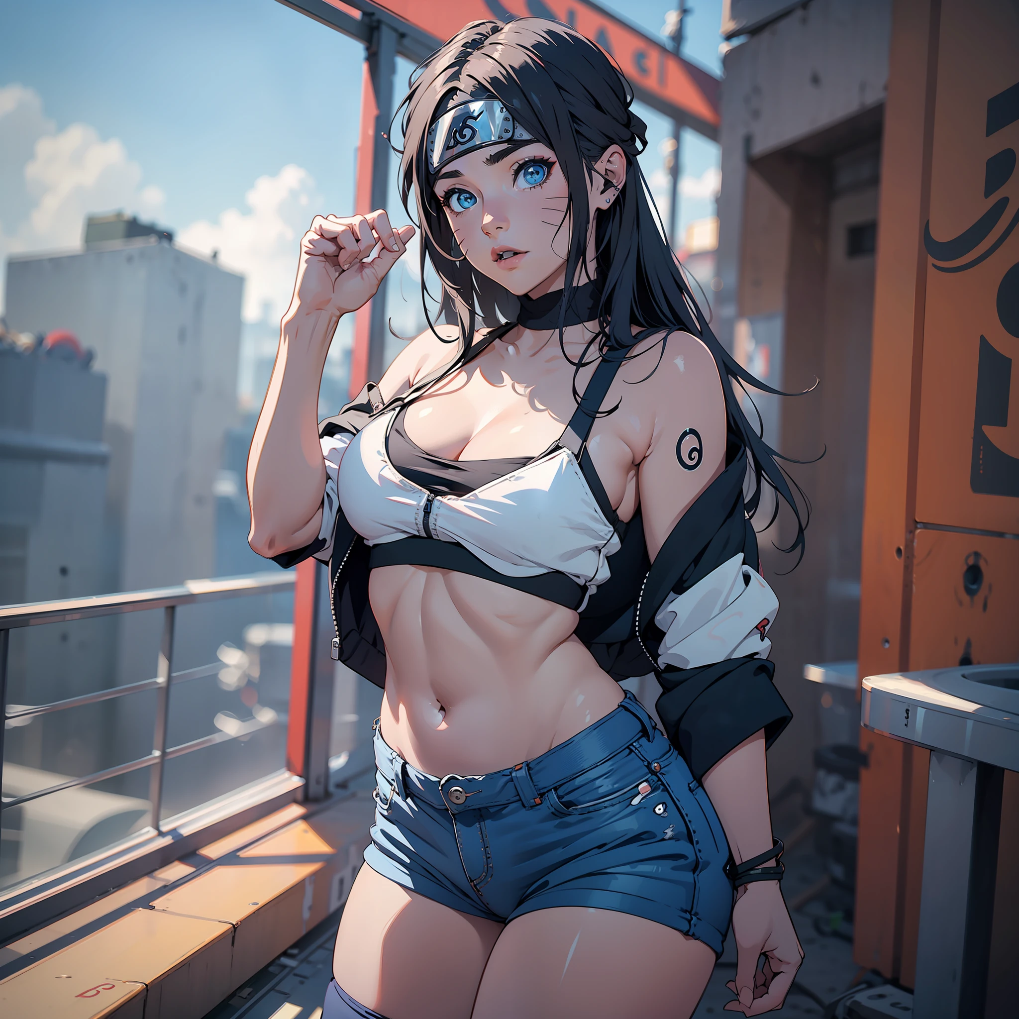 Naruto Jutsu Sexy, muito sensual, com roupas de funkeira, brasileira, rio de janeiro, dancing funk, rebolando, bunda grande, pernas grossas, usando um short jeans extremamente curto, usando uma mini blusa, umbigo com pirsing, sneakers Nike, cabelo comprido, Speaker behind, corpo inteiro, muito realista, extremamente sexy, 8k, 8k extremamente detalhado), (um extremamente delicado e bonito), (obra-prima), (melhor qualidade: 1.0), (ultra highres:1.0)