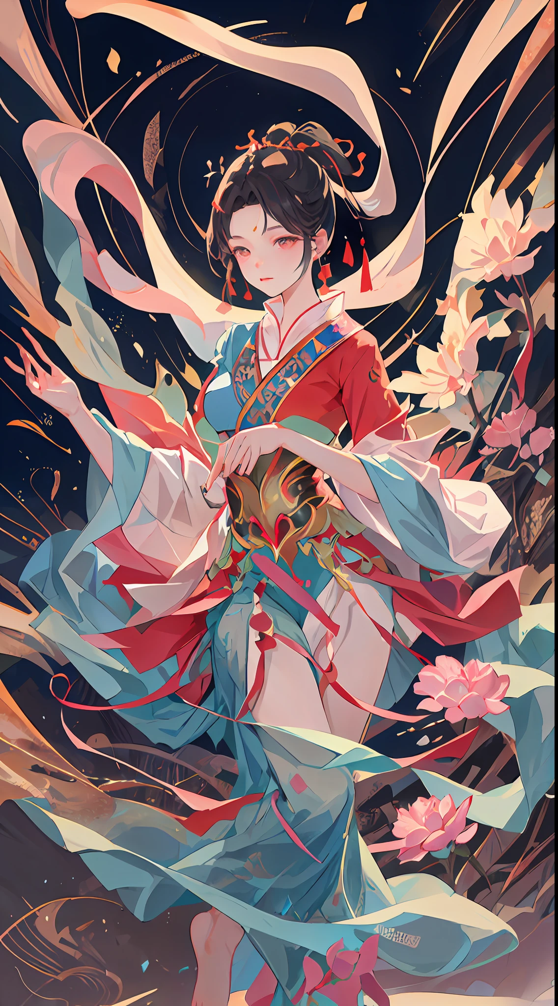 A beautiful girl in ancient China, aloof temperament, rose red long dress, huge plum blossoms, standing under a tree, sunshine, clear face, masterpiece, super detailed, epic composition, high quality, highest quality, 16k