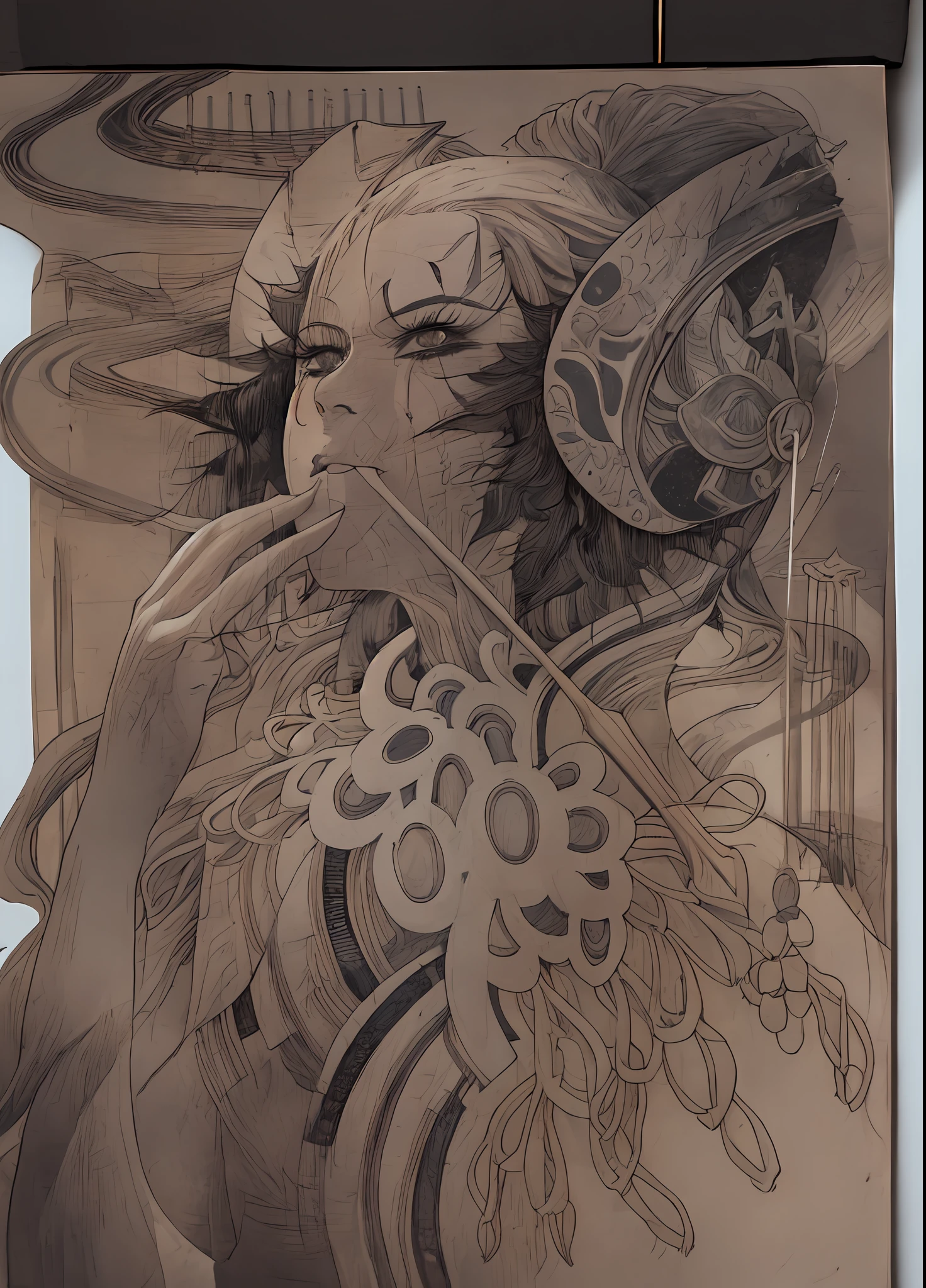 there is a drawing of a woman with a mask and a hat, goddess. extremely high detail, inspired by Yoshitaka Amano, moebius and mohrbacher, inspired by katsuya terada, insanely detailed linework, girl design lush horns, sketchbook drawing, artbook artwork, extremely detailed goddess shot, inspired by Masamune Shirow,masterpiece, best quality, (extremely detailed CG unity 8k wallpaper), (best quality), (best illustration), (best shadow), absurdres, realistic lighting, (Abyss), beautiful detailed glow