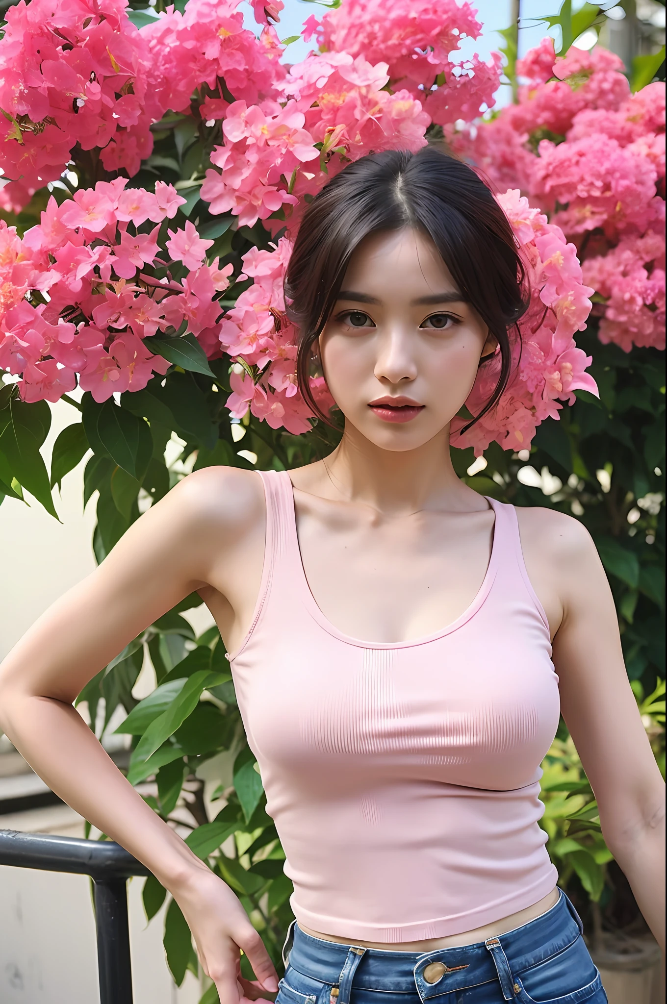 (extra detailed body、extra detailed face、best qualtiy:1.2)、femele、looking at the viewers、(white tank tops、jean shorts)、(pink bougainvillea chaos in the background:1.4)