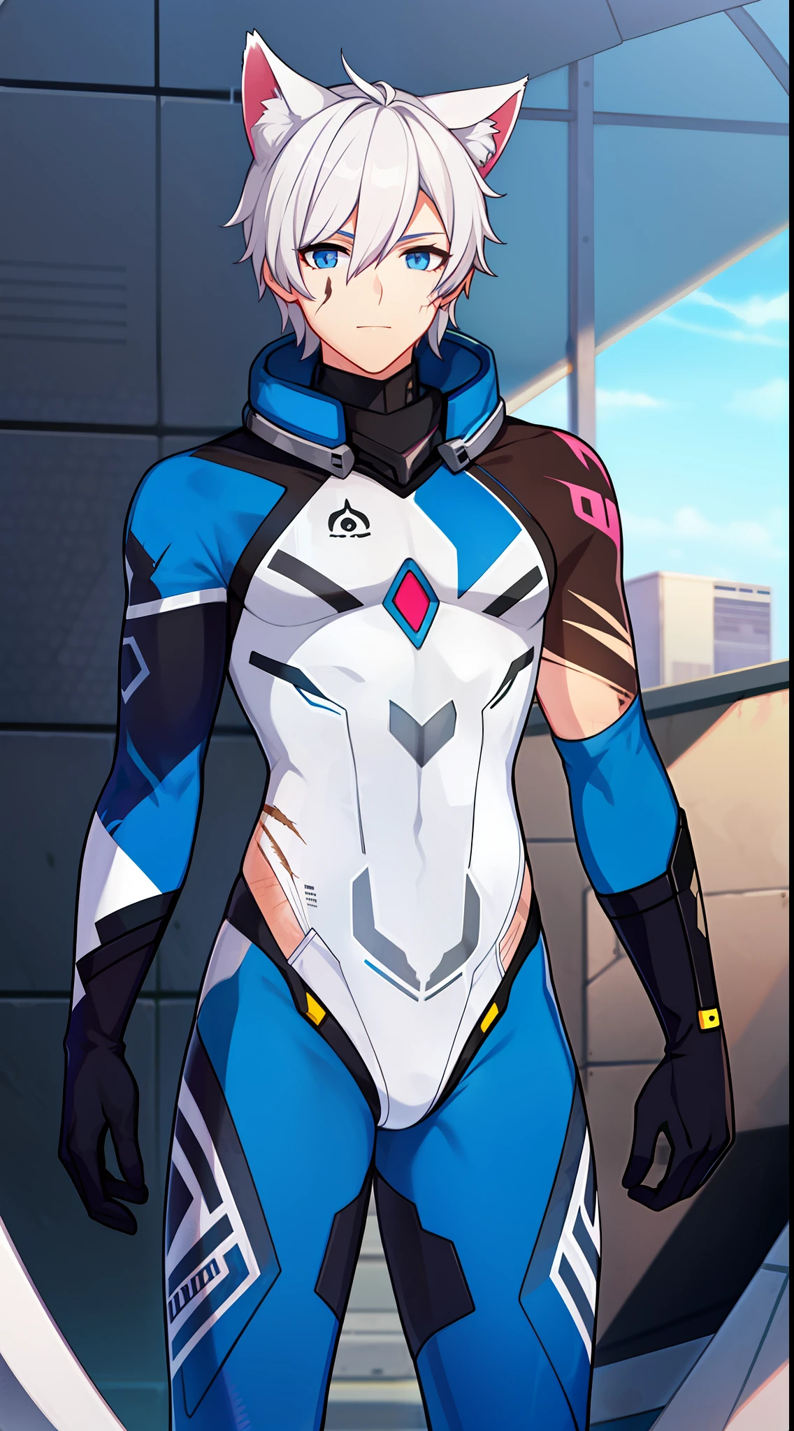 young boy, short white hair, blue eyes, Cat's ears, Bio-organic suit, open torso, Scars, tattoo, Masterpiece, hiquality