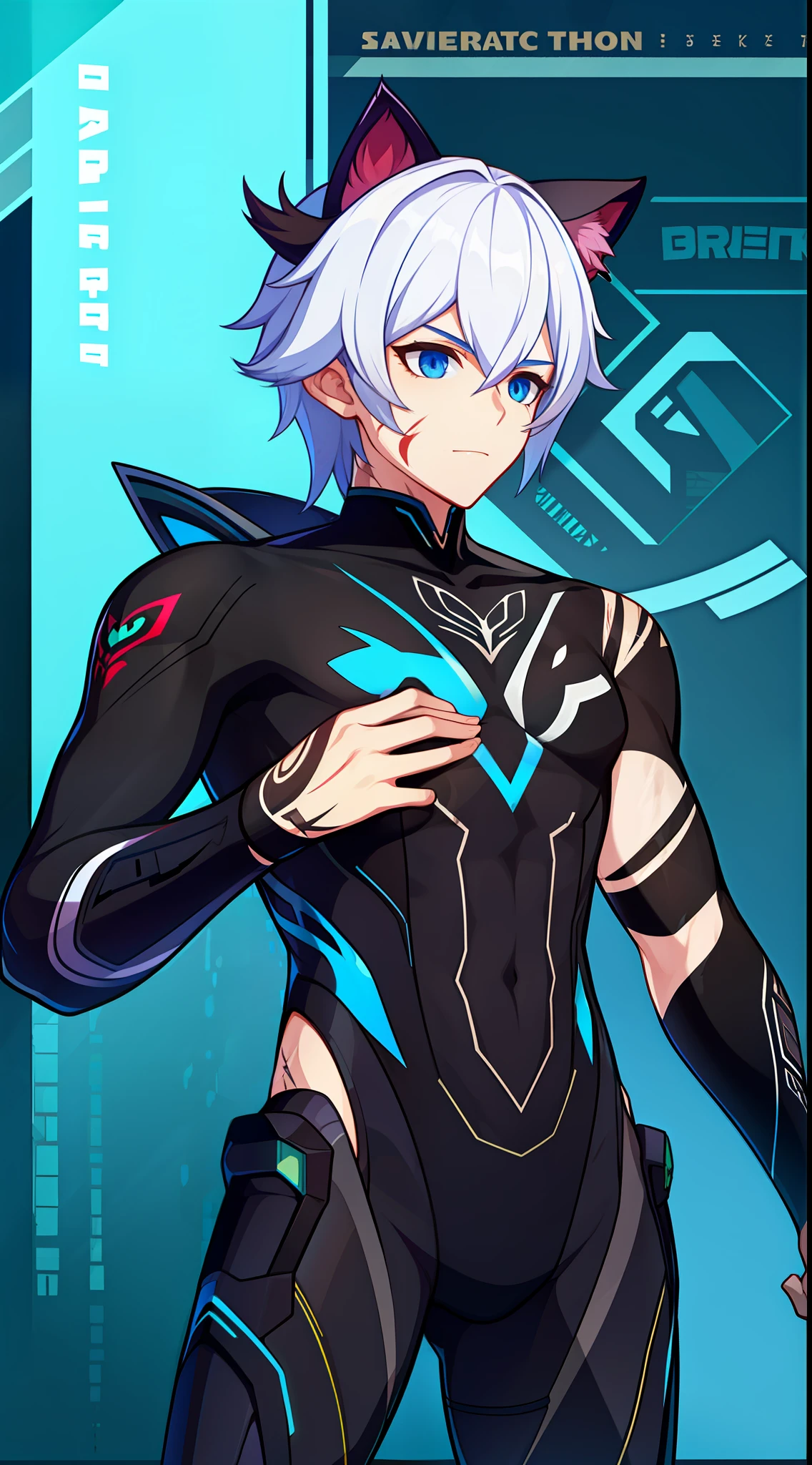 young boy, short white hair, blue eyes, Cat's ears, Bio-organic suit, open torso, Scars, tattoo, Masterpiece, hiquality