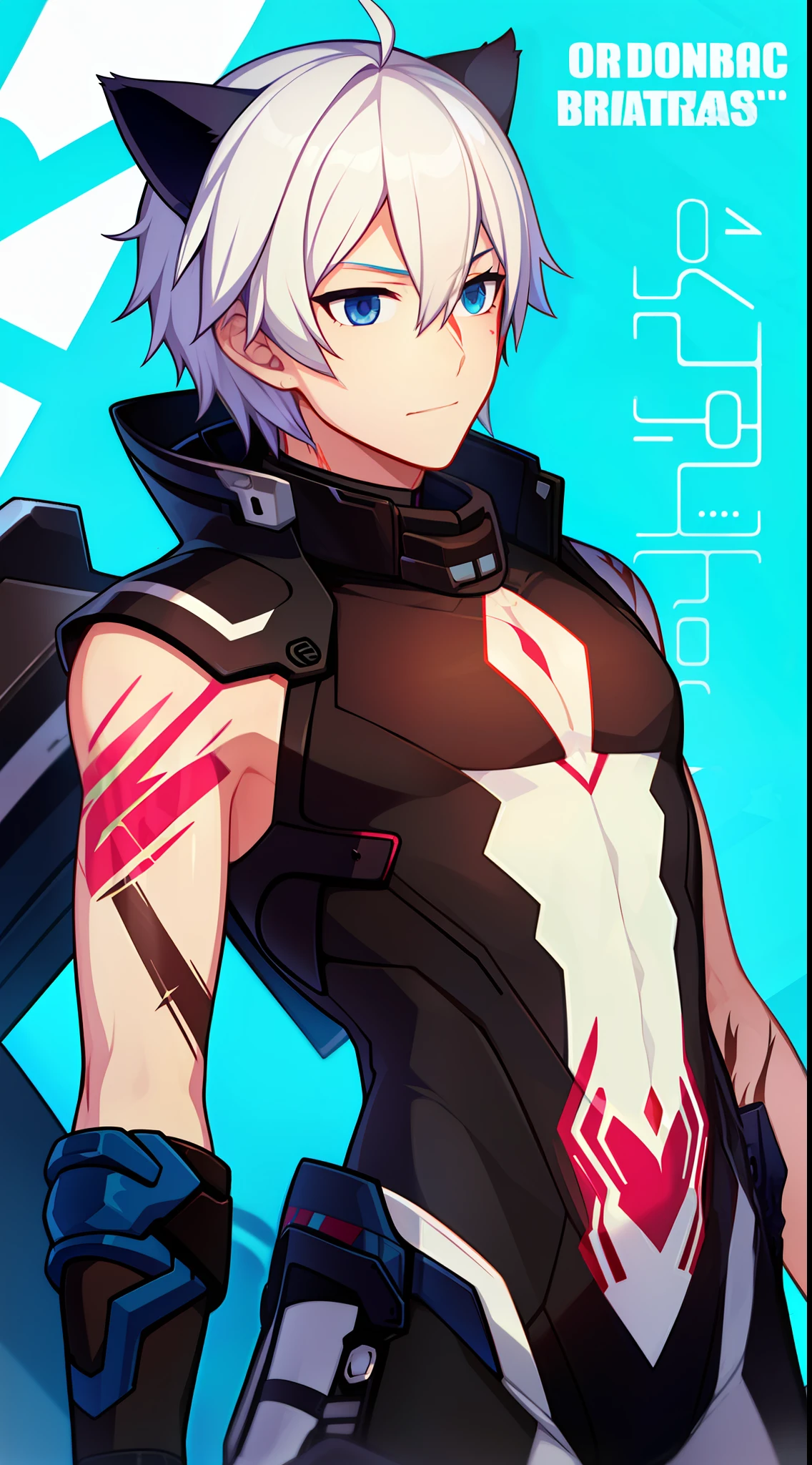 young boy, short white hair, blue eyes, Cat's ears, Bio-organic suit, open torso, Scars, tattoo, Masterpiece, hiquality