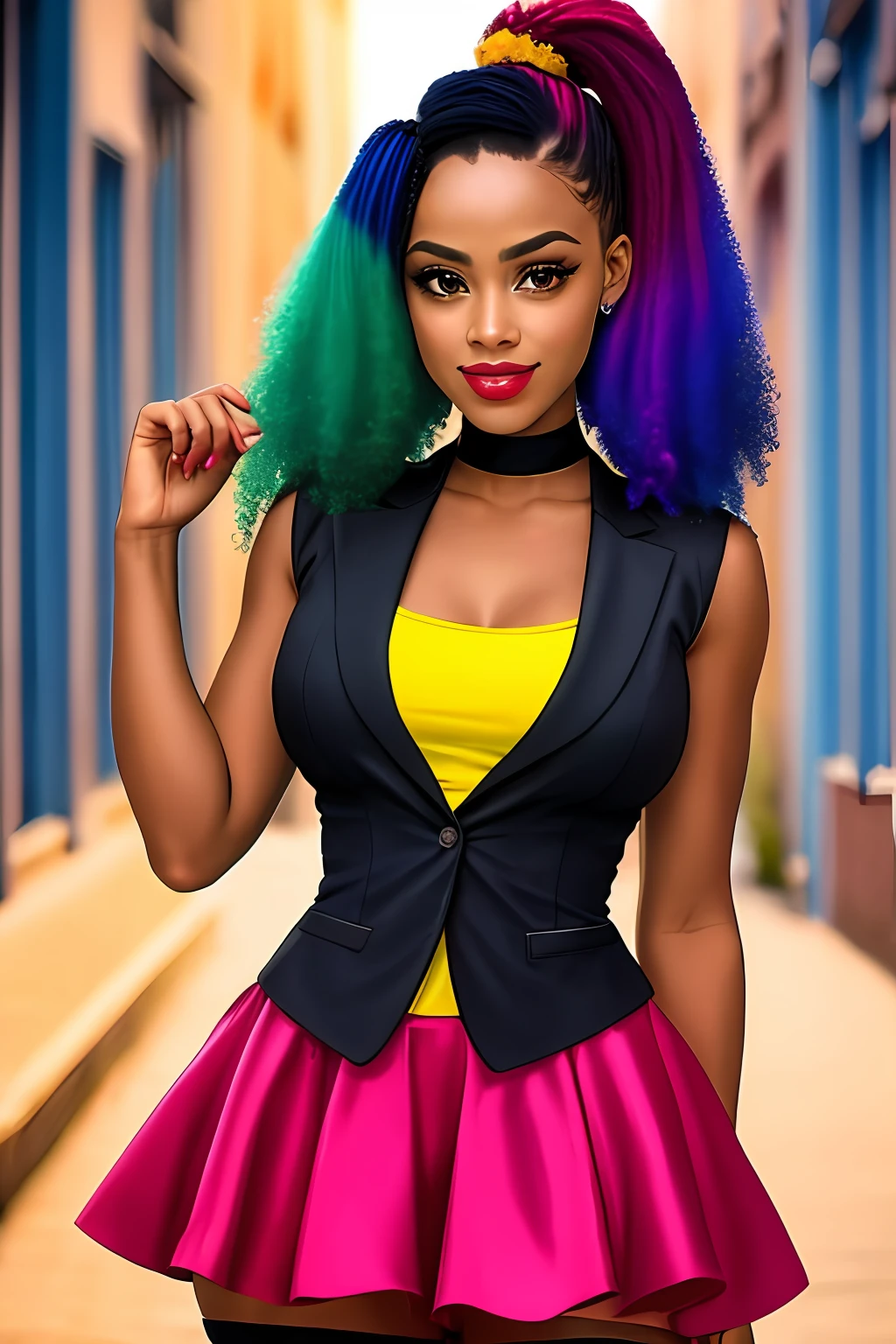 description: Generate an image of Harley Quinn with totally African characteristics, incluindo pele escura, cabelo enrolado e colorido.
Instructions for generating the image:
1. A Arlequina deve ser representada como uma mulher africana, with dark skin and facial features that reflect the ethnic and cultural diversity of the African continent.
2. Seu cabelo deve ser naturalmente enrolado, com cachos definidos e cheios, demonstrando a beleza dos diferentes estilos e texturas de cabelo afro.
3. Hair coloring should be vibrant, usando cores como azul, rosa, verde ou roxo, que combinem harmoniosamente com sua pele escura e realcem sua personalidade marcante.
4. Ela deve estar vestindo um traje inspirado na personagem original da Arlequina, with a predominance of black and red colors, but with elements that value the richness of African cultural traditions.
5. Harley Quinn's pose should be dynamic, reflecting your outgoing and energetic personality, and allowing you to highlight your African identity with confidence.
6. O fundo da imagem pode ser uma paisagem urbana, alluding to a cosmopolitan city, or any scenario that refers to Gotham City, mas com elementos que possam representar a cultura africana de forma respeitosa e positiva.
Lembrete: Make sure the representation is culturally sensitive and respectful, avoiding stereotypes and cultural appropriation. Enfatize a beleza e a diversidade da cultura africana, proporcionando uma imagem empoderadora da Arlequina.
Dica: Use sensory descriptions to enhance the image, destacando a textura do cabelo, os detalhes do traje, the facial expression and atmosphere of the scenery.
After the image is generated, consider making adjustments or reiterating instructions to ensure an outcome that celebrates African representation and the cultural richness of Harley Quinn