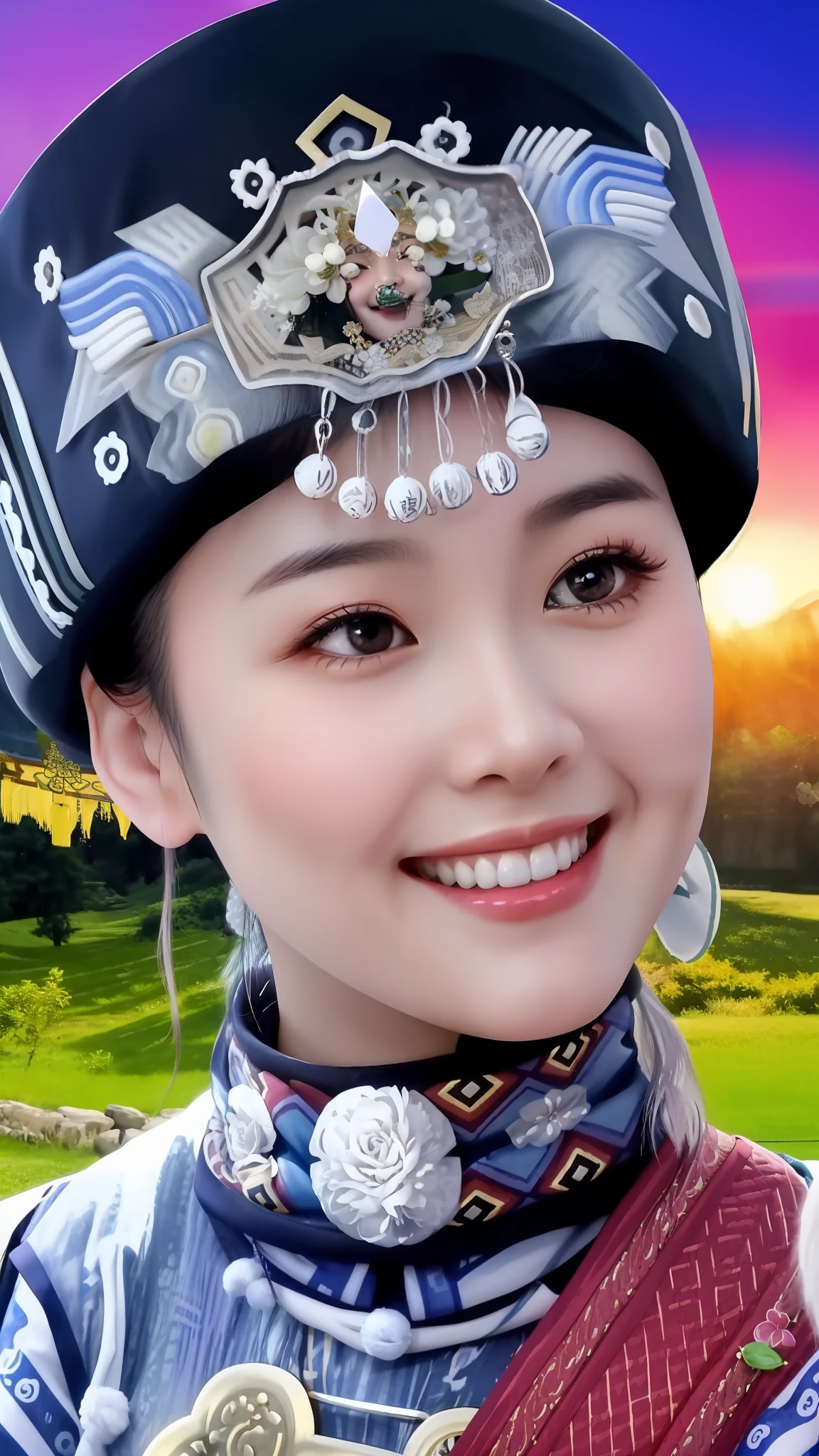 Close-up of a woman wearing a hat and scarf, Chinese girl, Chinese woman, beatiful smiling face, Chinese traditional, Lovely smile, beatiful smiling face, beautiful and smiling, Beautiful smile, pretty face sharp chine, Traditional beauty, with a beautiful smile, Very beautiful face, Charming smile, and she smiling,Very happy, she's smiling, Wonderful