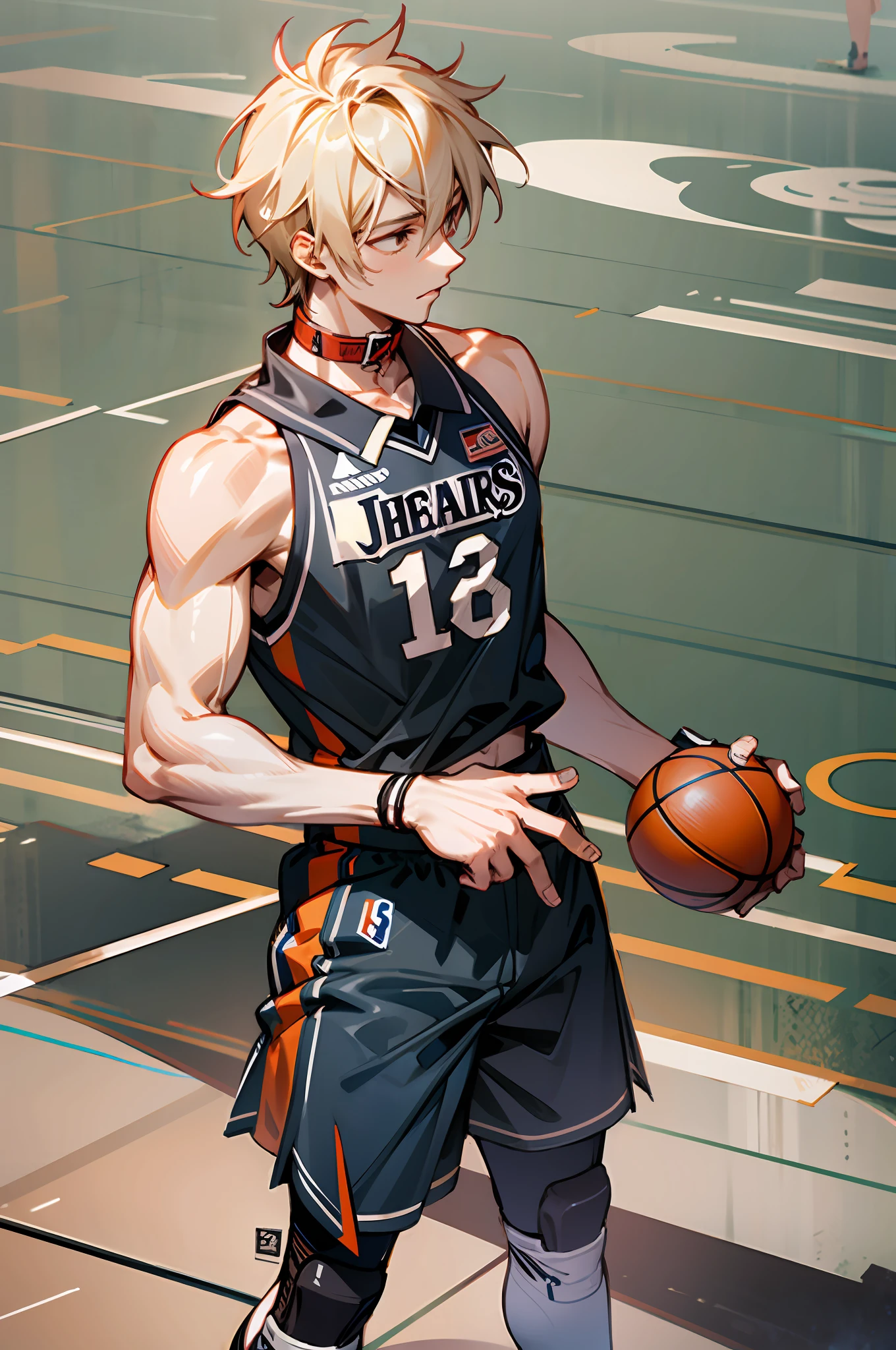Abs male，Basketball shoes in hand，There is a collar on the hand