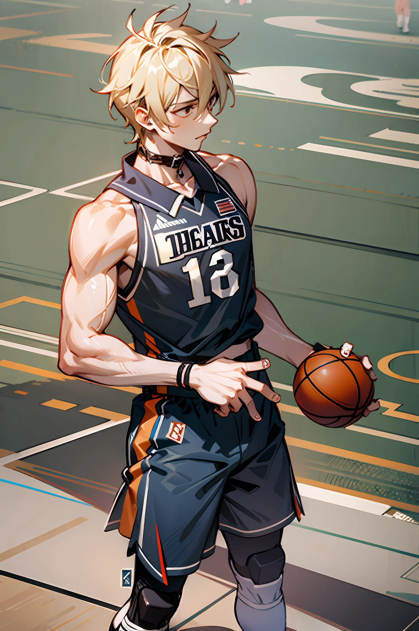 Abs male，Basketball shoes in hand，There is a collar on the hand