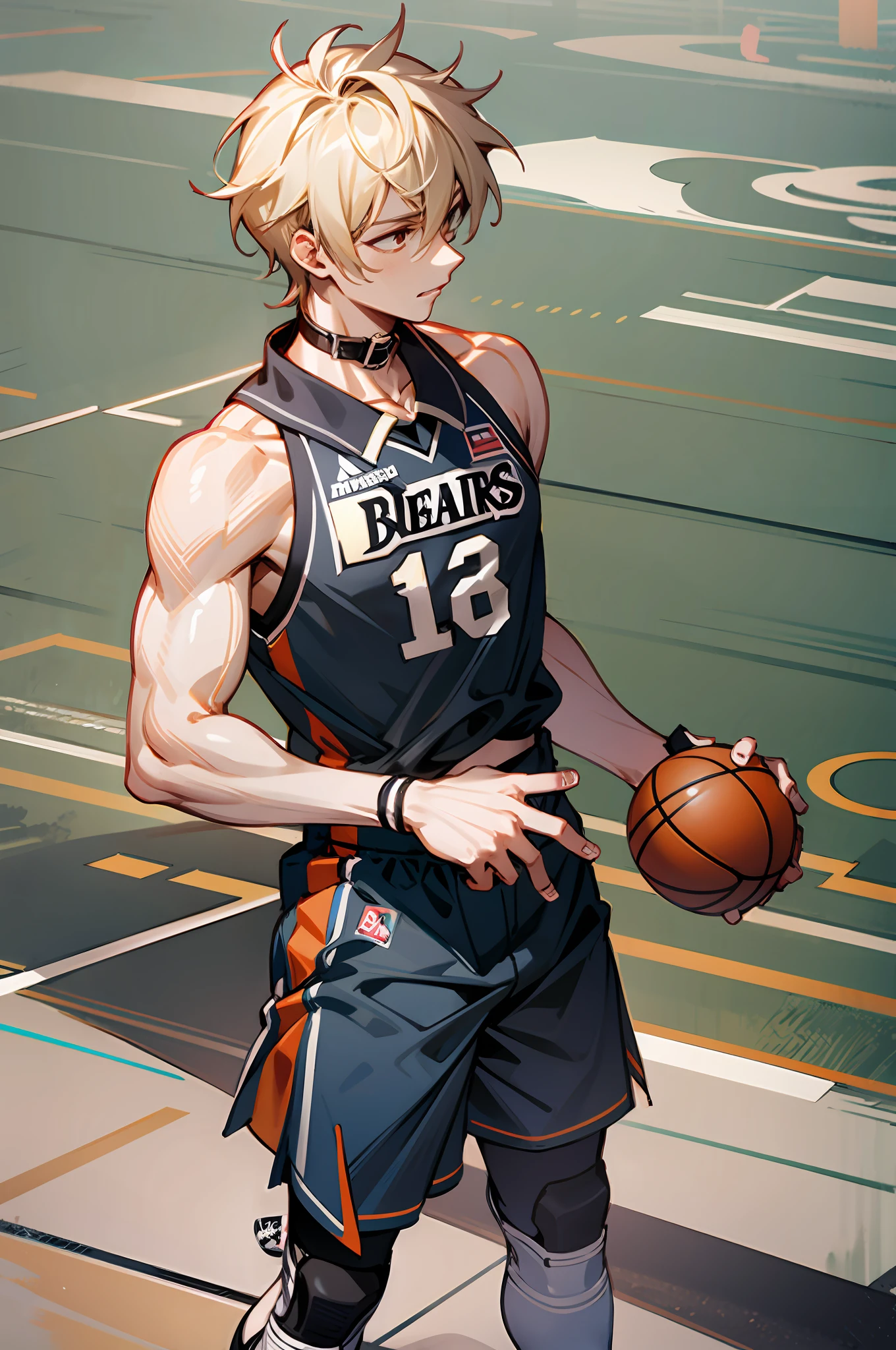 Abs male，Basketball shoes in hand，There is a collar on the hand