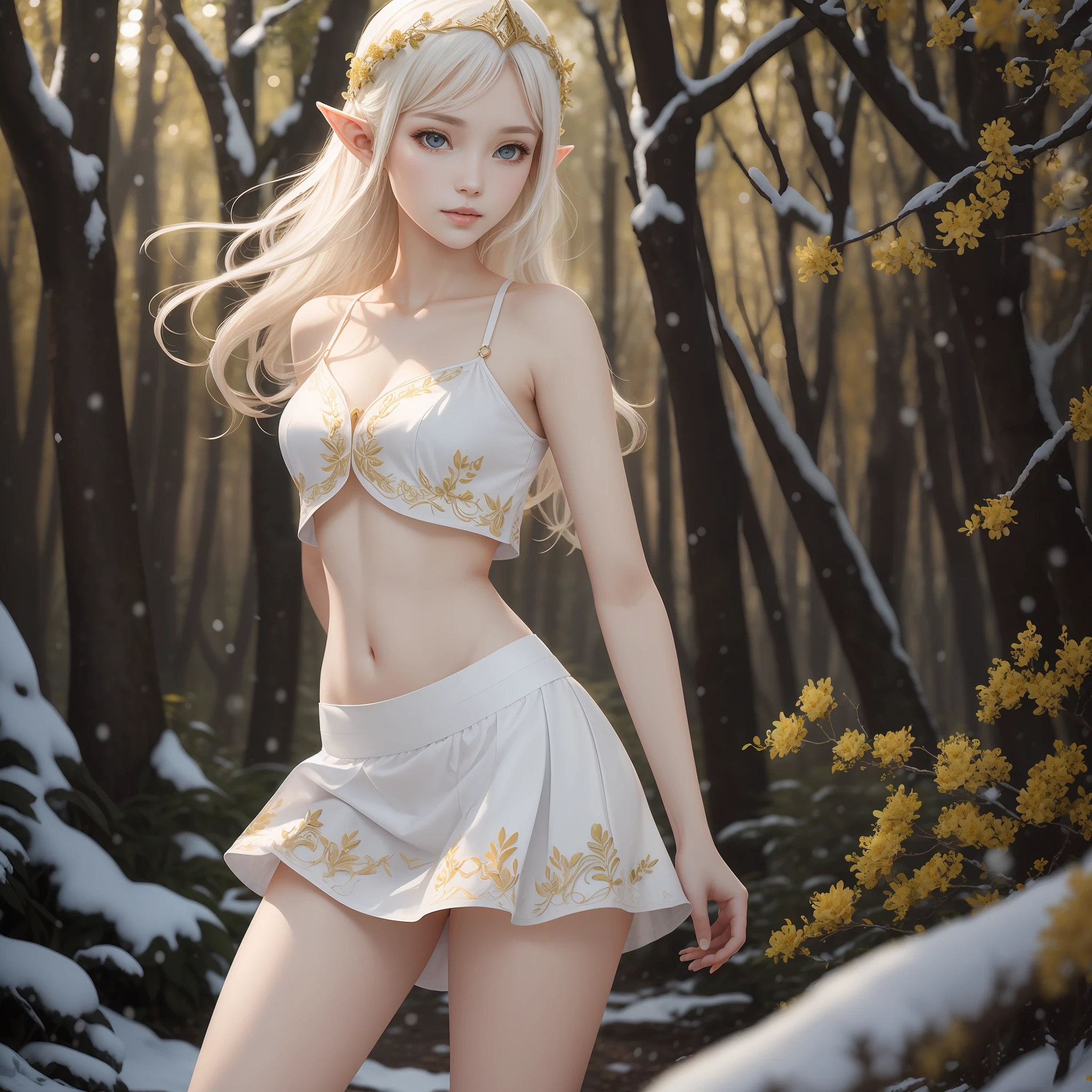 Beautiful White Elf Princess,Wearing a snow-white short skirt,Embroidered with golden flowers,Exposing the abdomen,Live-action texture,The picture quality is delicate,Ultra-clear resolution,The background is a sunny forest。Stereoscopic super cinematic texture --auto