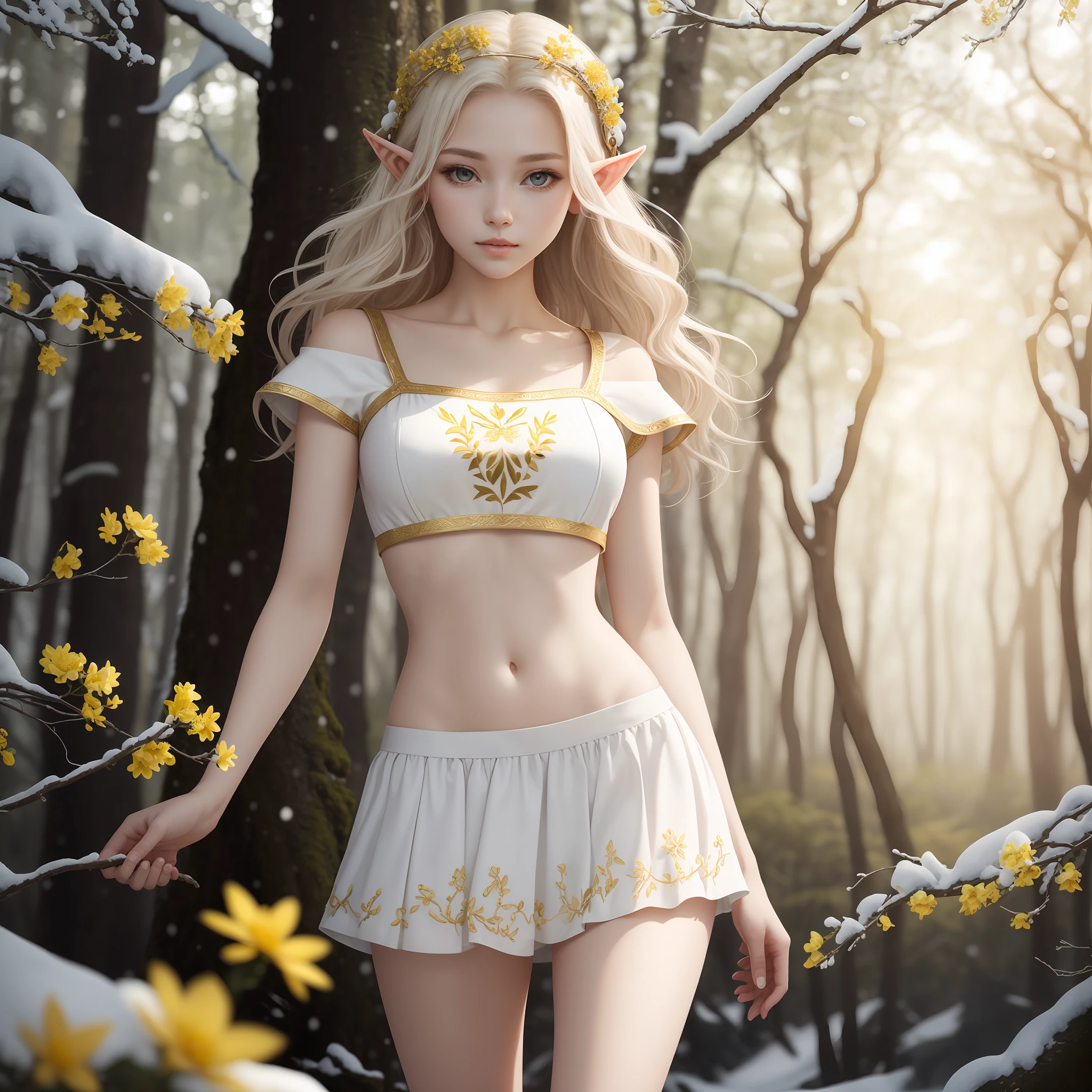 Beautiful White Elf Princess,Wearing a snow-white short skirt,Embroidered with golden flowers,Exposing the abdomen,Live-action texture,The picture quality is delicate,Ultra-clear resolution,The background is a sunny forest。Stereoscopic super cinematic texture --auto