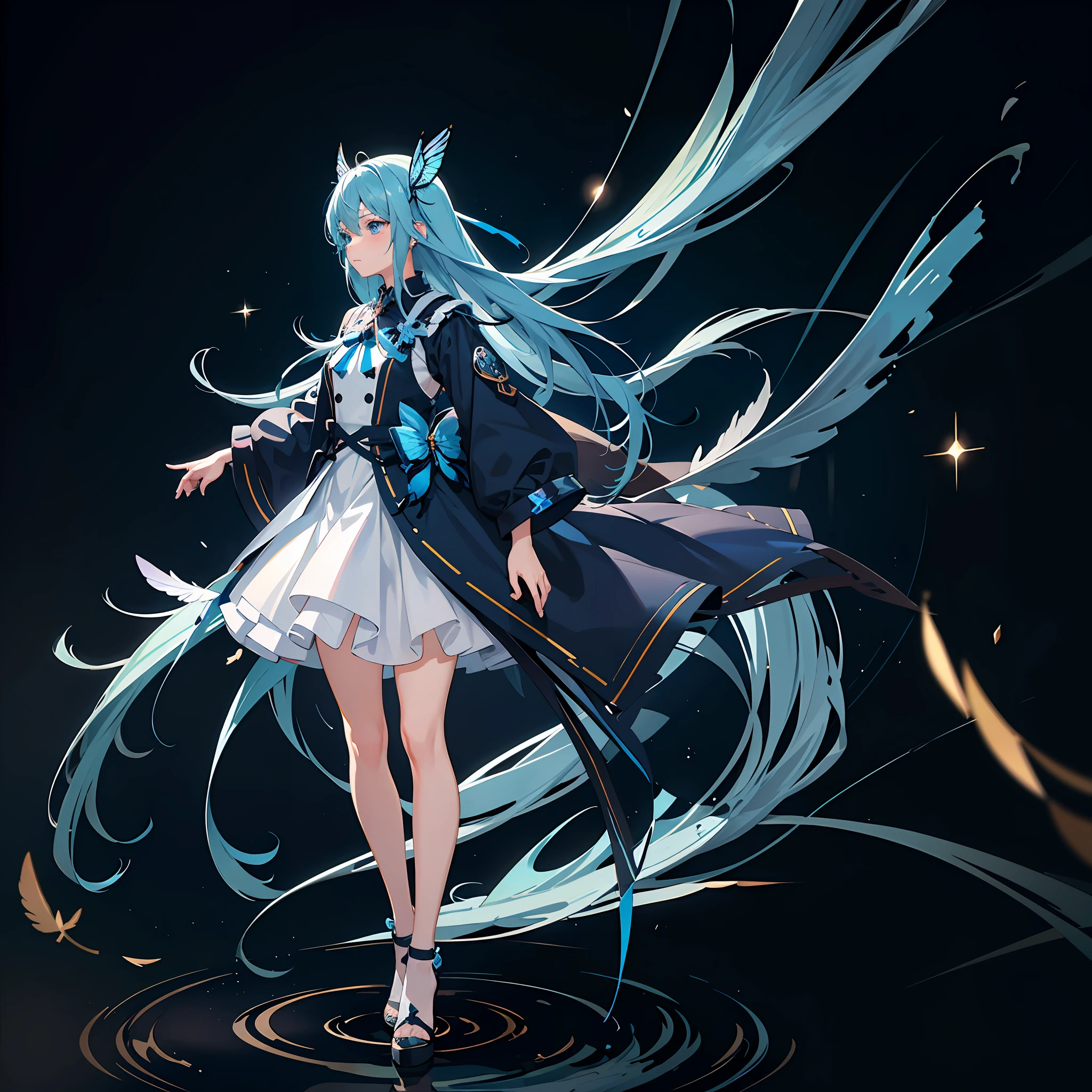 blue hair,Blue eyes,mid hair,Butterfly hair ornaments,adolable,quadratic element,chiquita,Mainly in anime style,Anime art style, anime style character,,Background bokeh,Full body standing painting,Blue wind,校服,leg loops,Birds are anthropomorphic,Ear feathers,tmasterpiece, Complicated details, Best quality at best, color difference,white backgrounid,The whole body is unobstructed ,nakeness