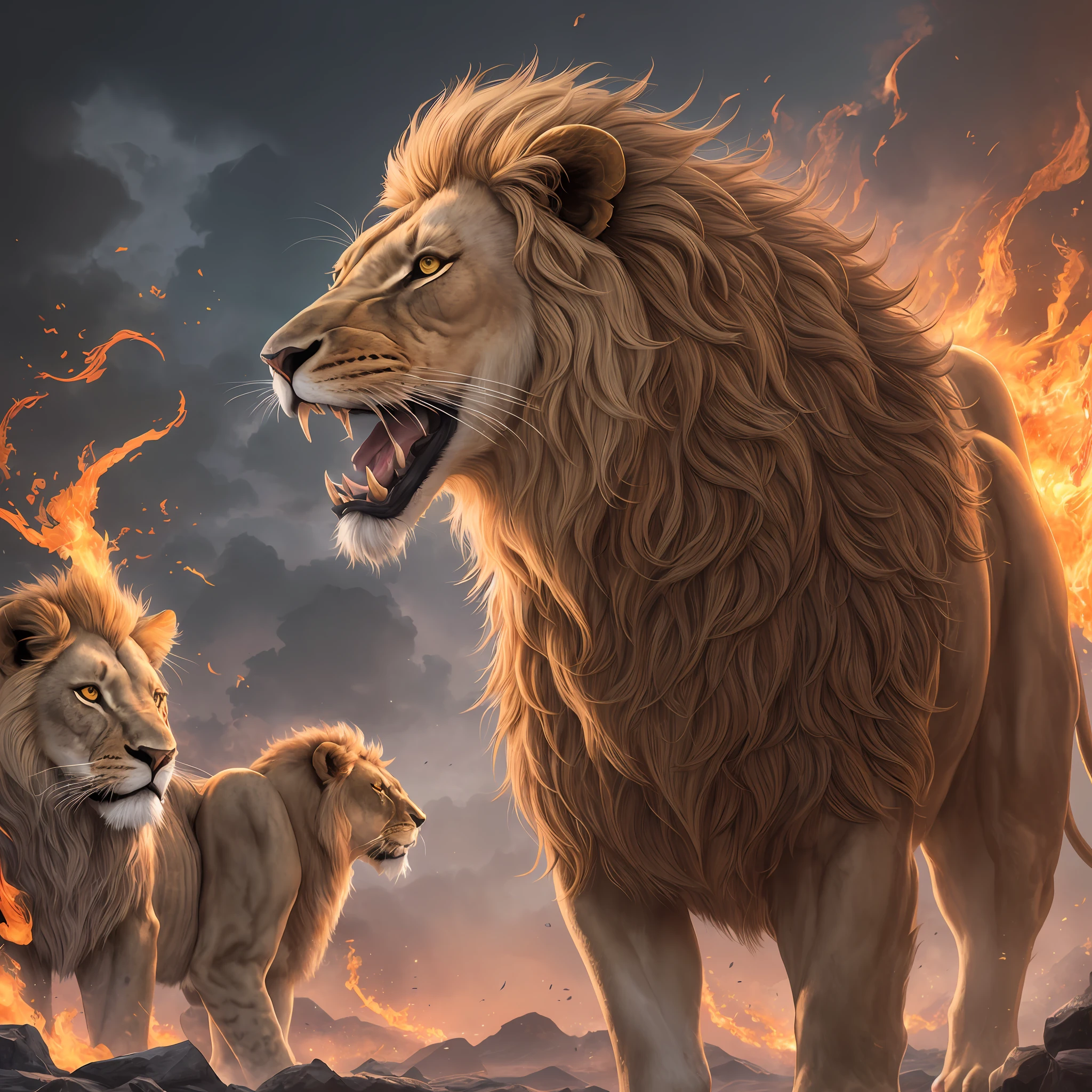 Image of Arafard's lion in flames, mythological beasts, mythological creatures, Golden Lion, Realistic fantasy illustration, highly detailed digital artwork, best on adobe stock, author：Howard Lyon, mythological creatures, Highly detailed digital art, a mythical creature, high detailed official artwork, digital painting highly detailed, 4k highly detailed digital art, Leo --auto