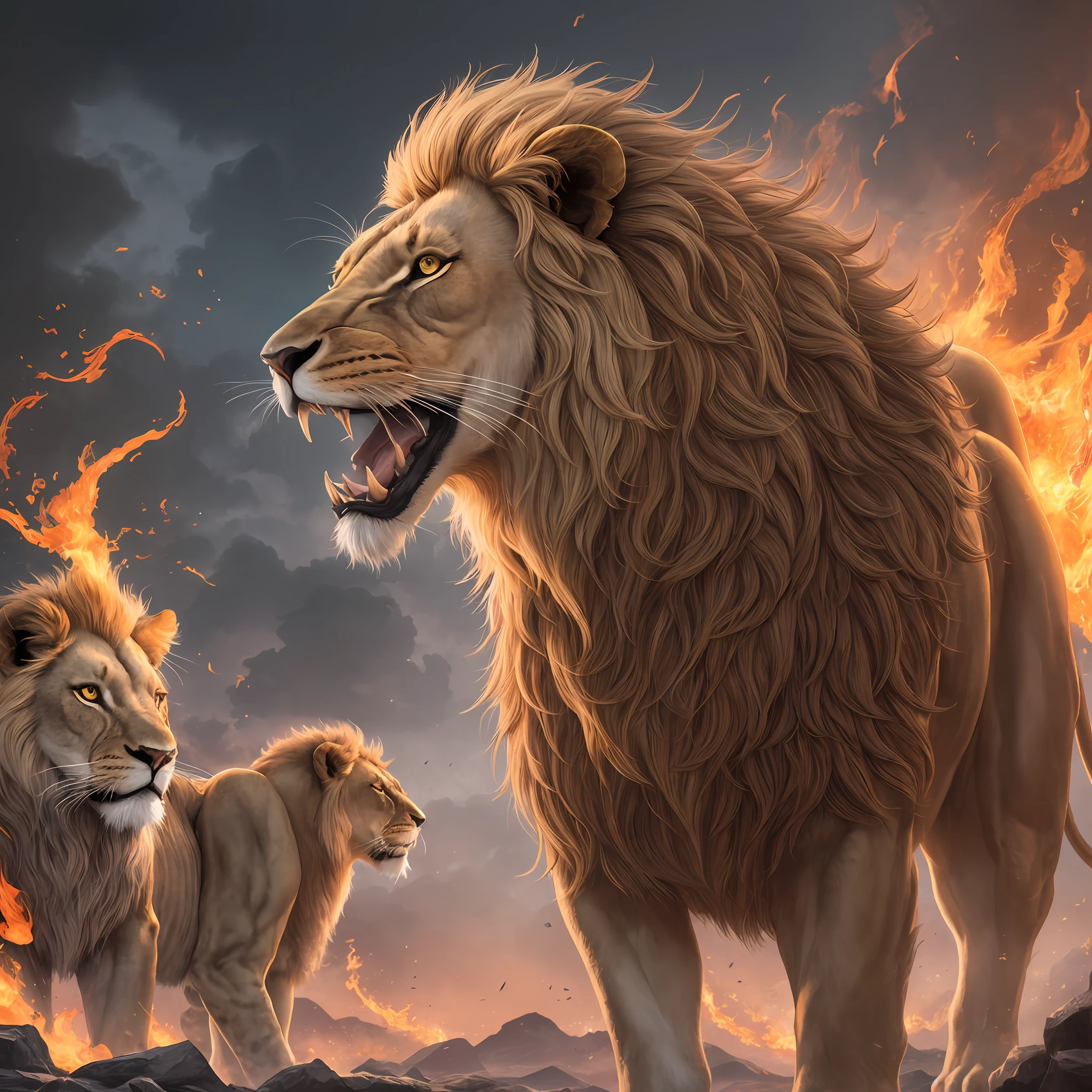 Image of Arafard's lion in flames, mythological beasts, mythological creatures, Golden Lion, Realistic fantasy illustration, highly detailed digital artwork, best on adobe stock, author：Howard Lyon, mythological creatures, Highly detailed digital art, a mythical creature, high detailed official artwork, digital painting highly detailed, 4k highly detailed digital art, Leo --auto