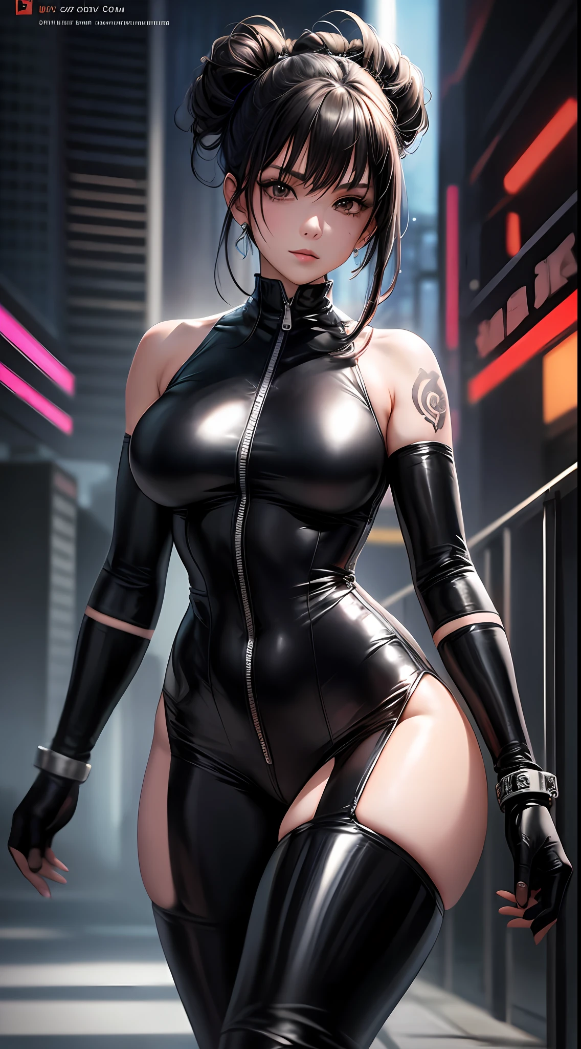 1girll, future warrior,cabelos preto e longos,flowy,crisp breasts,Toned Thighs,Tattooed with,Chest bumps,Wears a black combat instrument on his head,Black tight-fitting one-piece leather suit all over,Black boots,There are round metal rings at the wrists and ankles,epcot,cyberpunk building,Detailed background,Clothing details,perfectly proportioned, Cinematic lighting, filmgrain, Fuji colors, lightand shade contrast, 8K, 巨作, Textured skin, Super detail, high detal, high qulity, A high resolution,