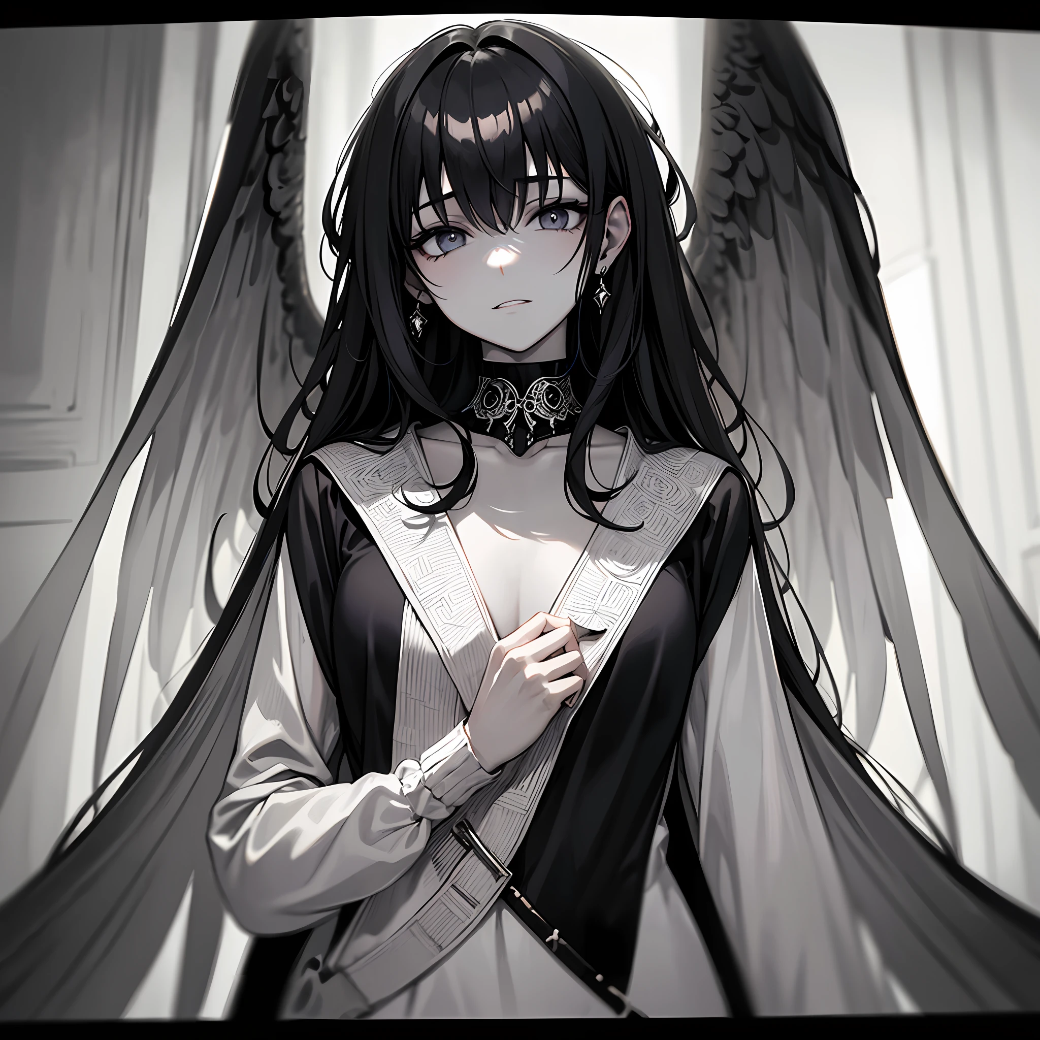 tmasterpiece，Portrait of an angel in prayer，Evil countenance，Three eyes，eye closeds，Black and white wings，A frame eroded by darkness and light