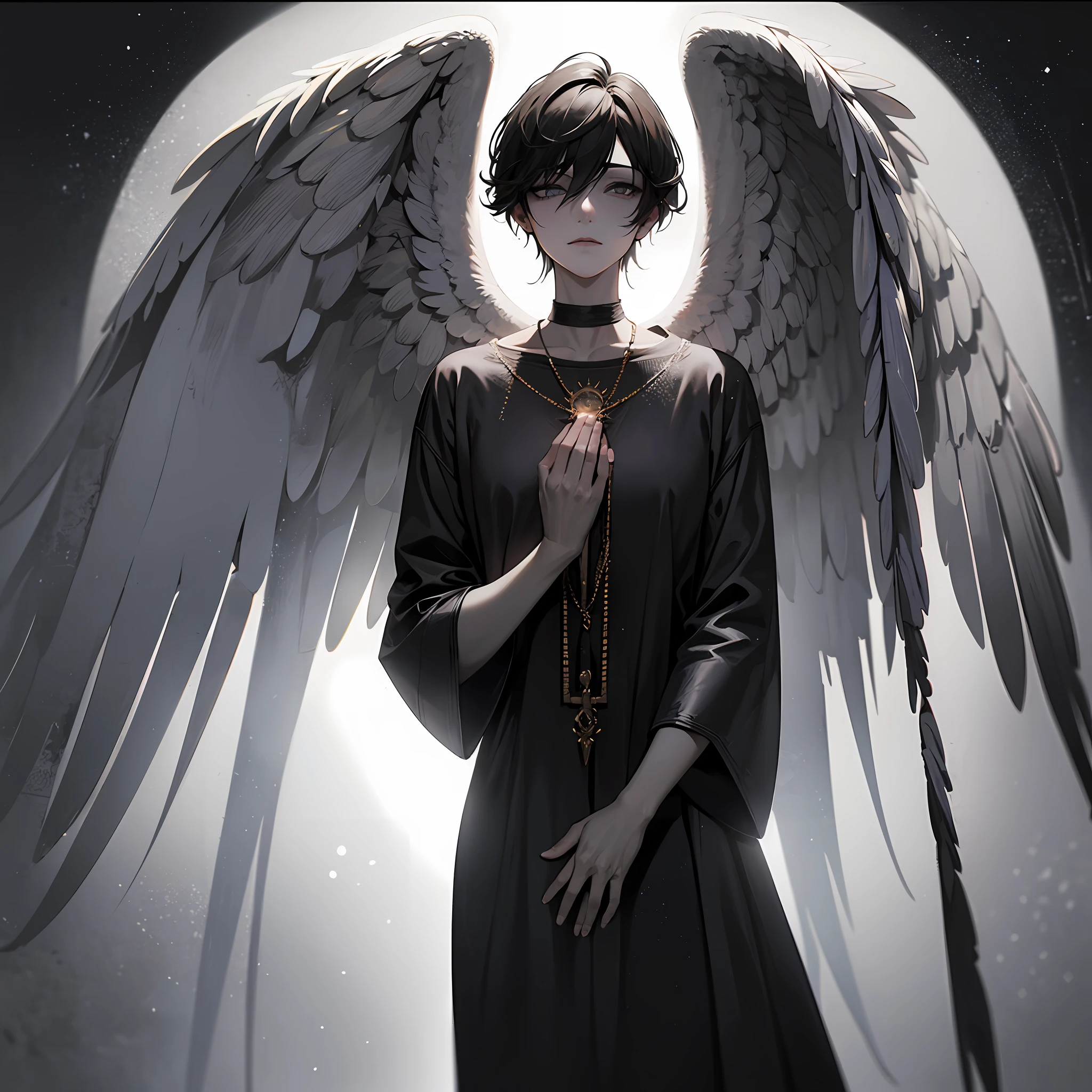tmasterpiece,Portrait of an angel in prayer,Evil countenance,Three eyes,eye closeds,Black and white wings,A frame eroded by darkness and light