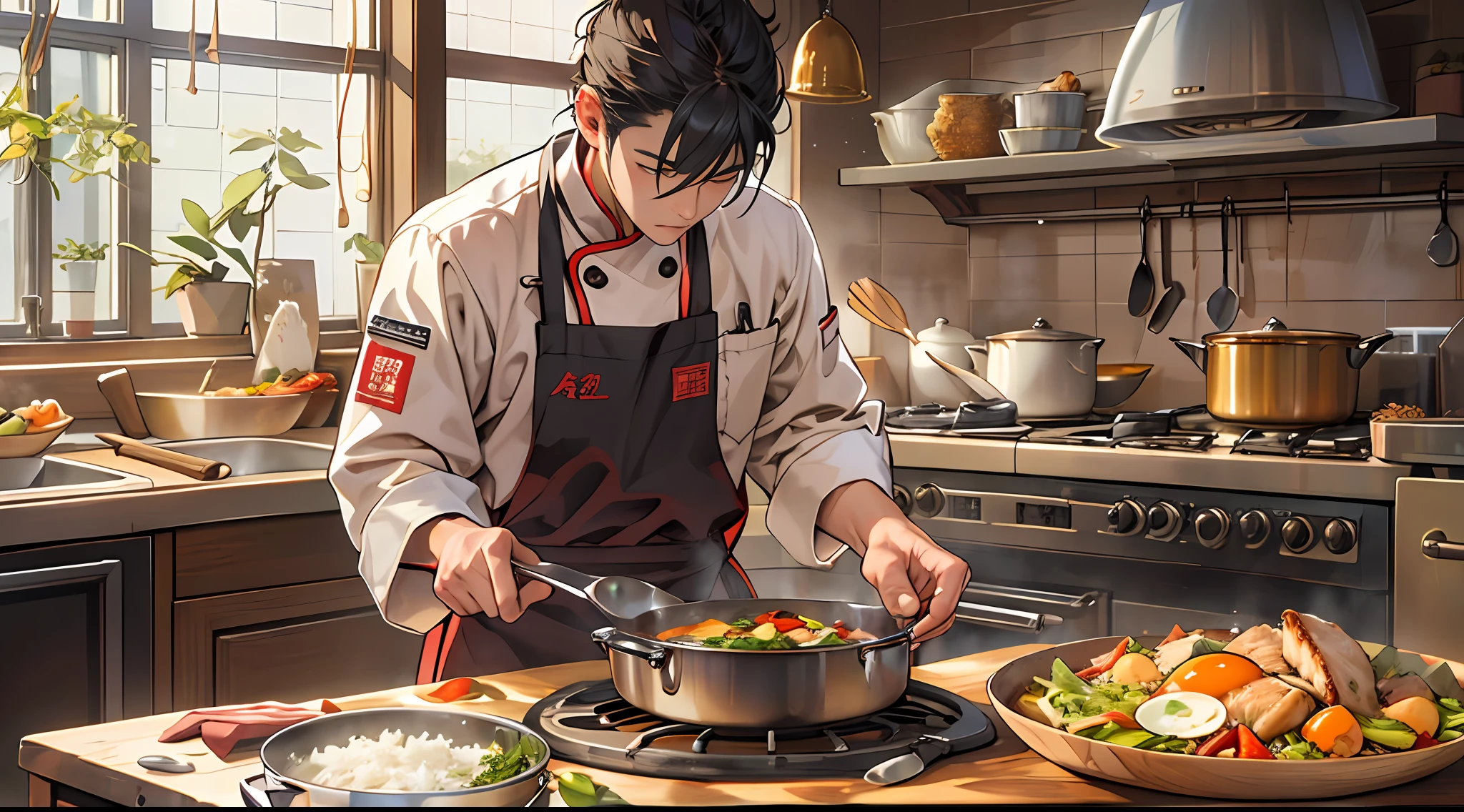 A young man dressed in a chef's costume stands in the kitchen，Stir-fry spoon in hand，Look intently at the ingredients in the pot。There was heat on the oil pan，The golden chicken fat is scooped into the pan，Make a sizzling sound。The rice is skillfully poured into the pan，The egg solidifies quickly on the surface。The whole scene is full of excitement and food。 ,32k uhd, best quality, masterpiece, super detail, high details